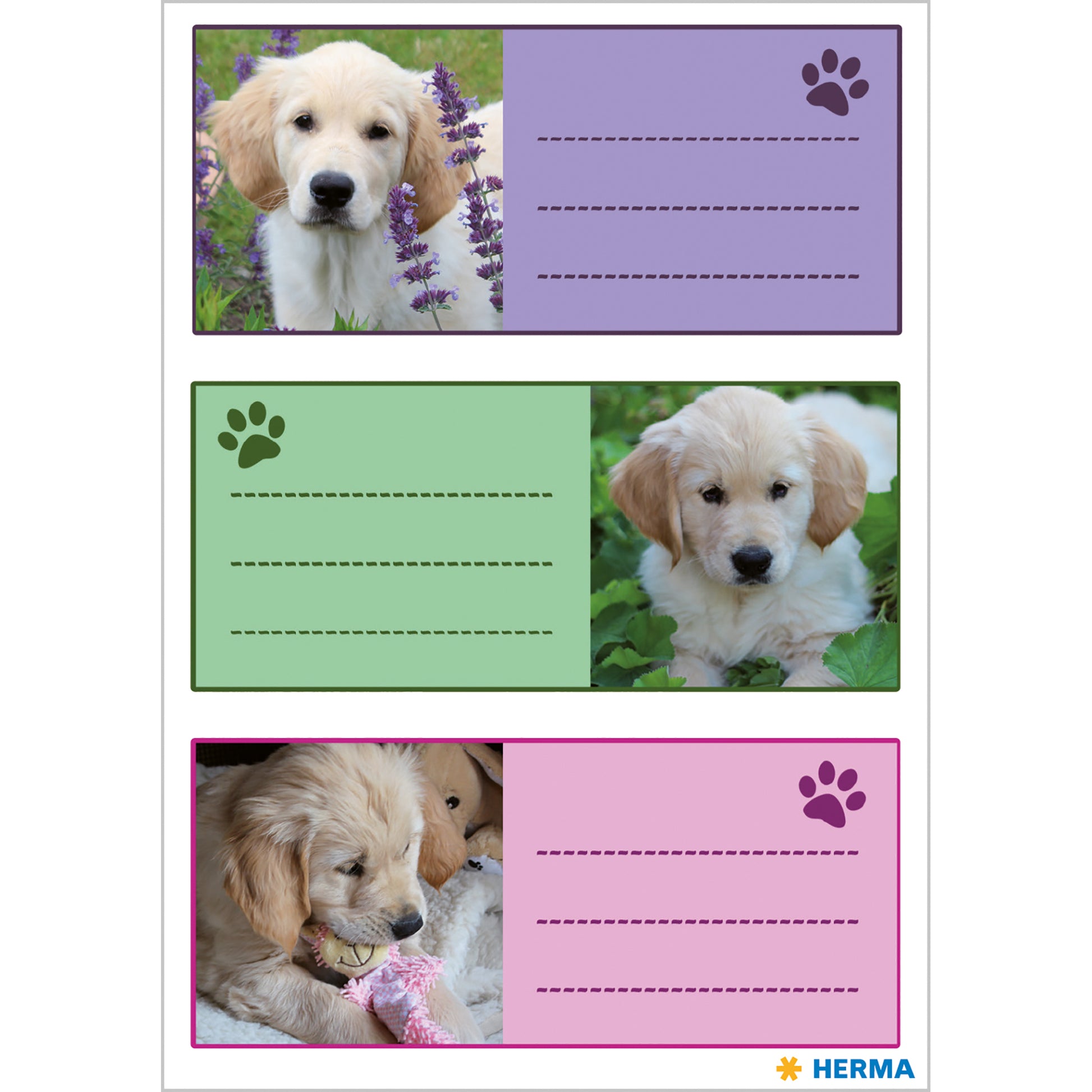 HERMA Vario Schuletiketten – Motiv Hunde – 35 × 76 mm, 9 Stk, 3 Bogen, Papier, permanent haftend