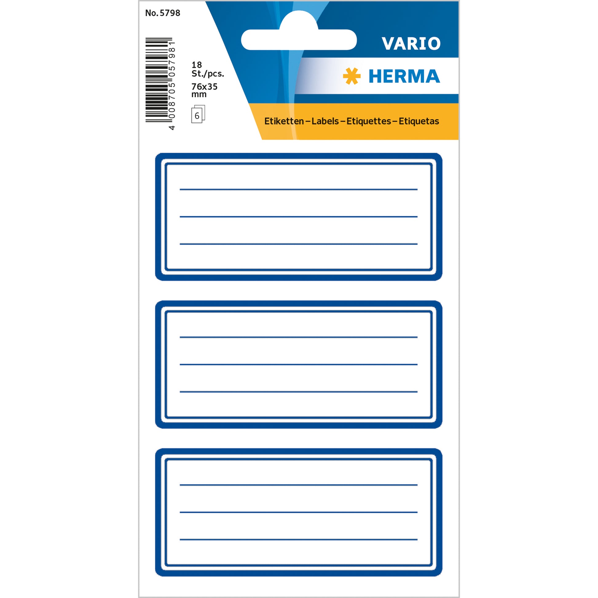 HERMA Vario Schuletiketten – Motiv Rahmen Blau – 35 × 76 mm, Abgerundete Ecken, 18 Stück, 6 Bögen