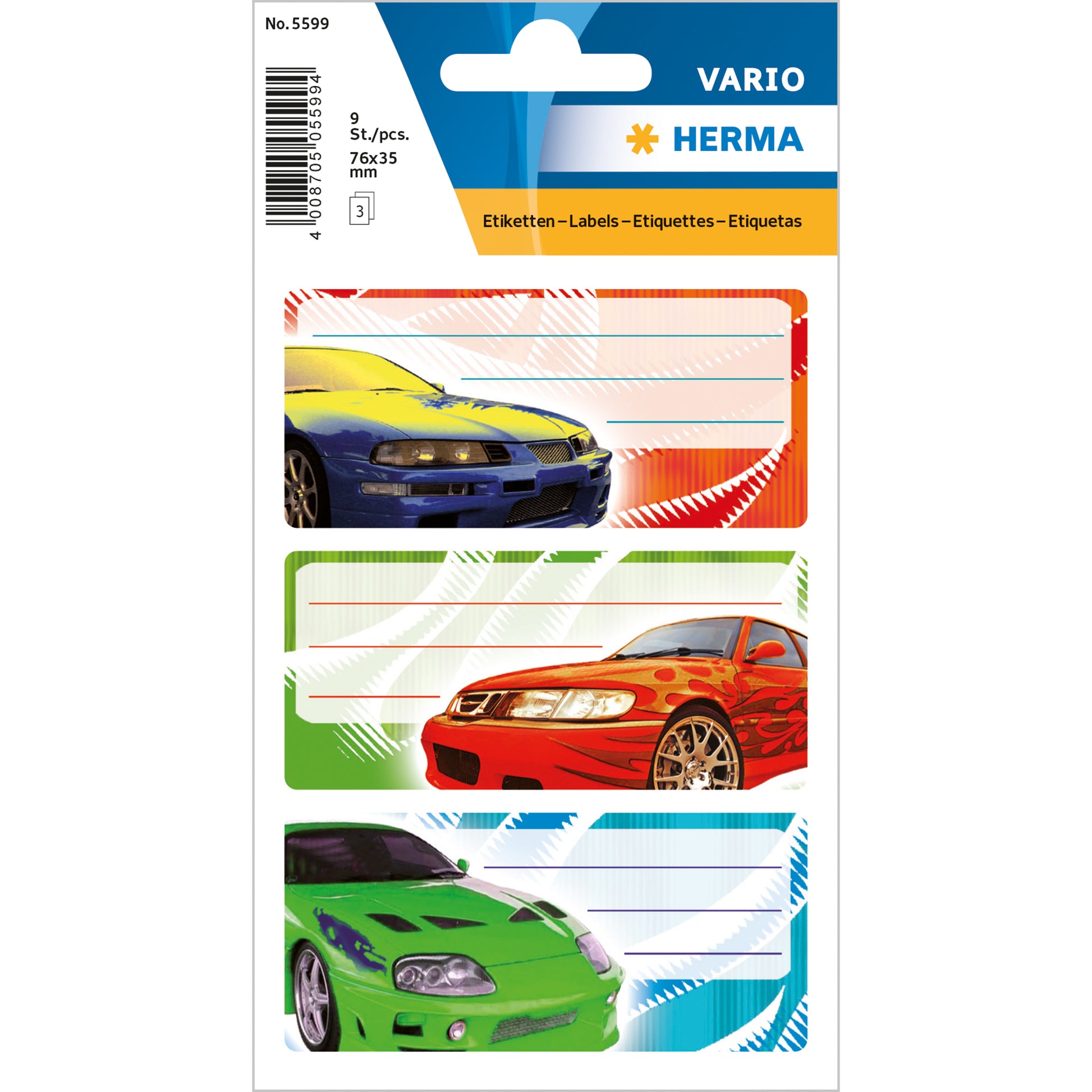 HERMA Vario Schuletiketten – Motiv Tuning – 35×76 mm, Abgerundete Ecken, 9 Stk, 3 Bogen, Permanent Haftend