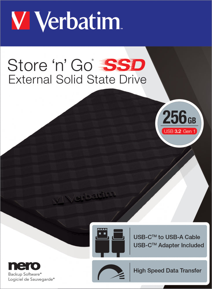 Verbatim Store 'n' Go Externes SSD-Laufwerk – 256 GB, USB 3.2, Schwarz