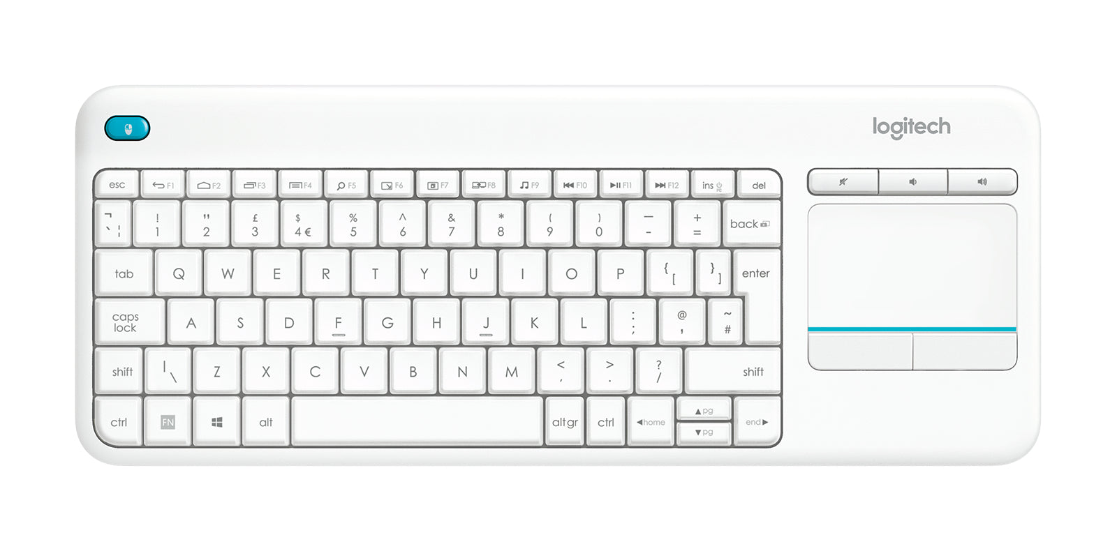 Logitech K400 – Mini-Tastatur mit Touchpad – ohne Ziffernblock – 2,4 GHz USB-A (Empfänger) – QWERTY (IT)