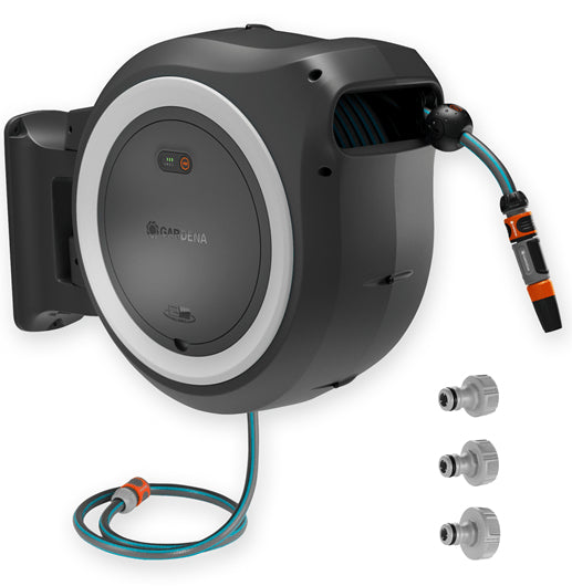 Gardena PowerRoll Schlauchbox 35 m – Akku, Wandmontage, frostbeständig, für Bosch 18 V POWER FOR ALL