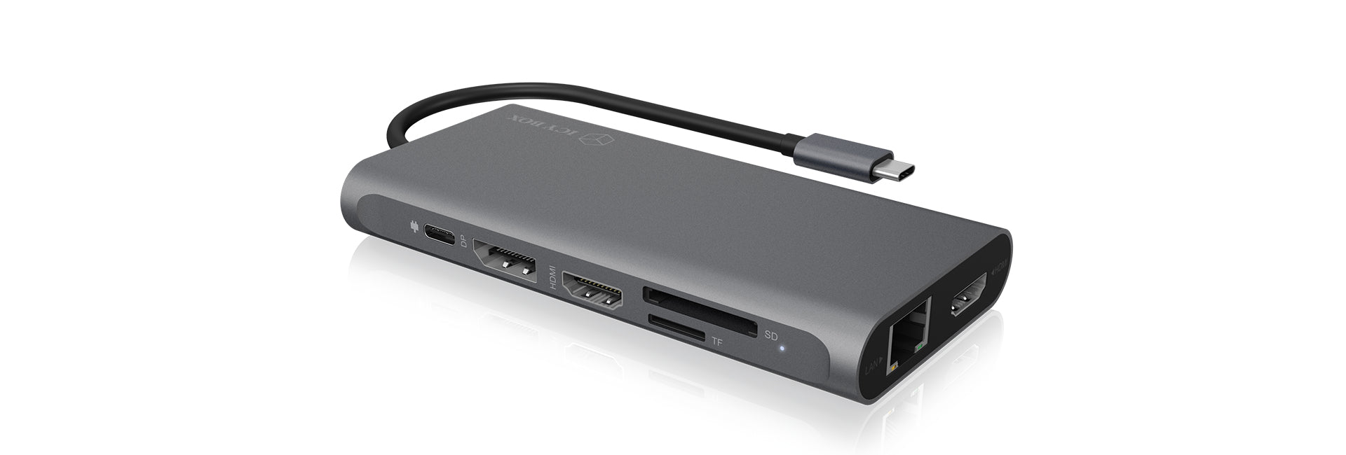 ICY BOX IB-DK4050 Dockingstation – USB-C, 1× DP, 2× HDMI, 4× USB-A, 100 W PD, GbE, SD/microSD, für Windows/Mac