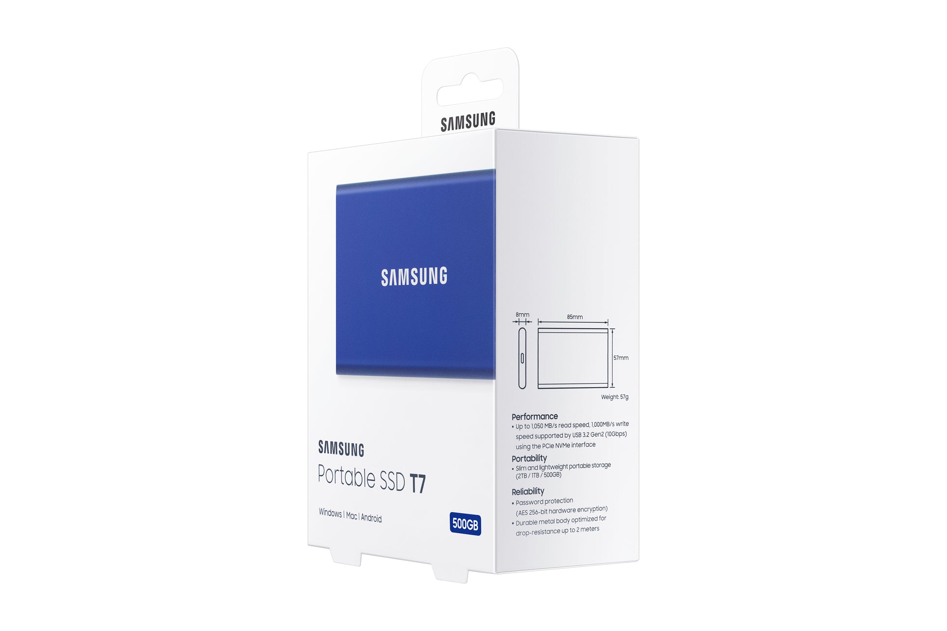 Samsung Portable SSD T7 – 500 GB, USB 3,2 Gen 2 (USB-C), 1'050/1'000 MB/s, Blau