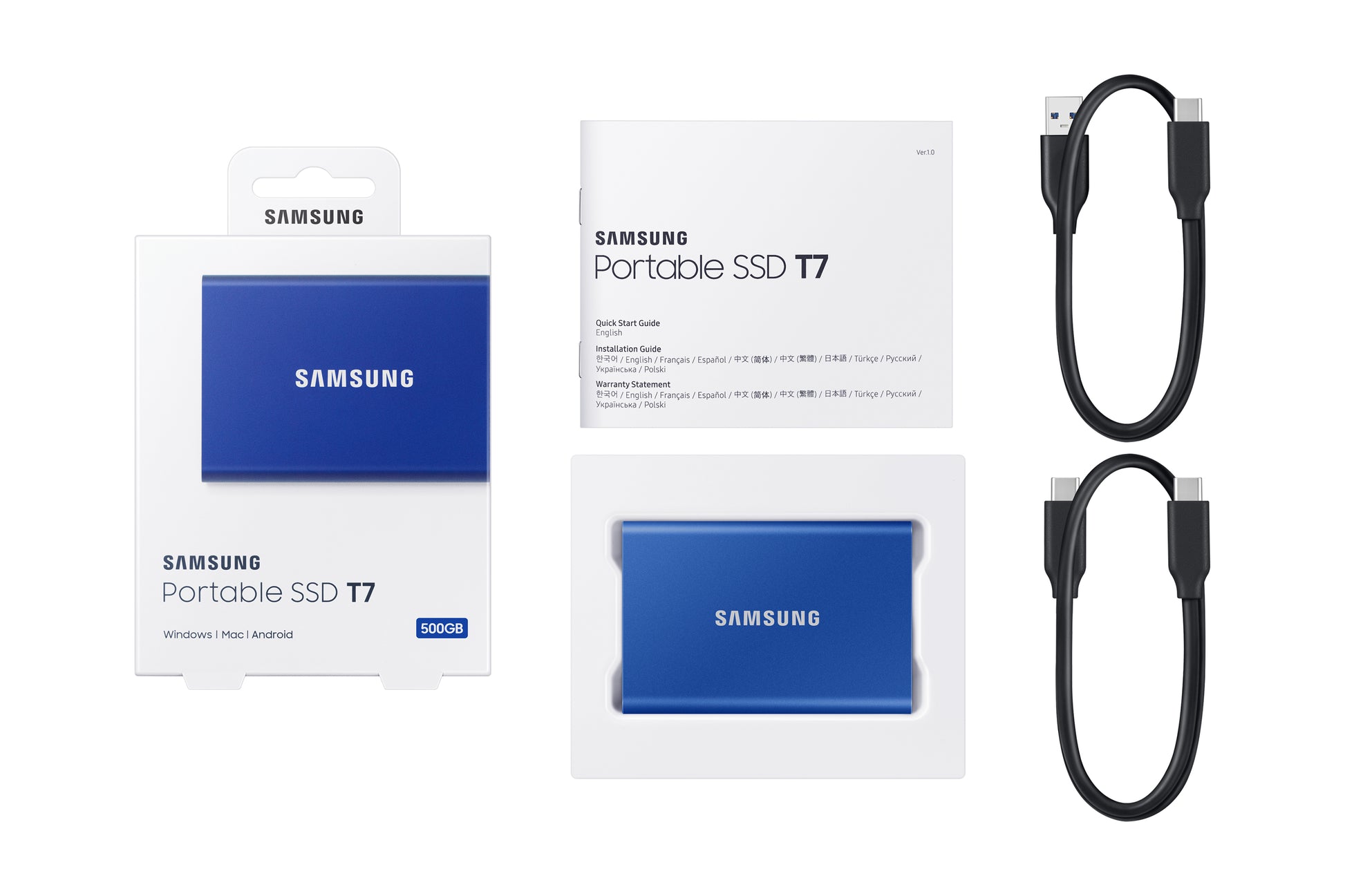 Samsung Portable SSD T7 – 500 GB, USB 3,2 Gen 2 (USB-C), 1'050/1'000 MB/s, Blau