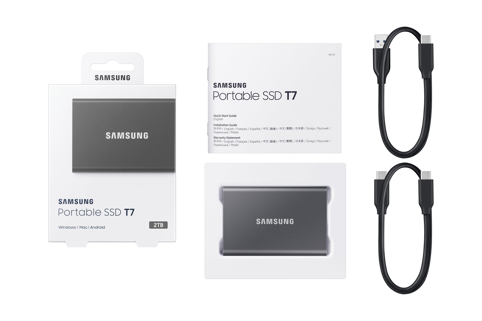 Samsung Portable SSD T7 – 2 TB, USB 3.2 Gen 2 (USB-C), 1'050/1'000 MB/s, AES-256 Hardwareverschlüsselung, Grau