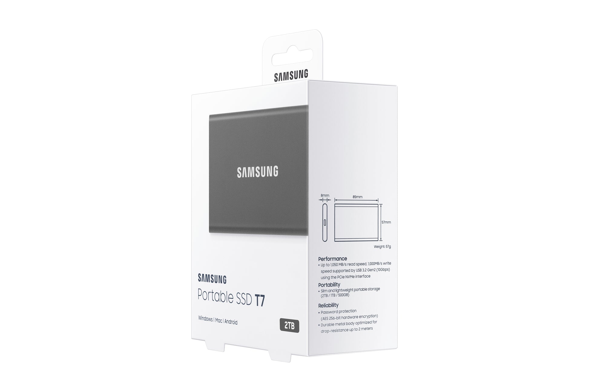 Samsung Portable SSD T7 – 2 TB, USB 3.2 Gen 2 (USB-C), 1'050/1'000 MB/s, AES-256 Hardwareverschlüsselung, Grau