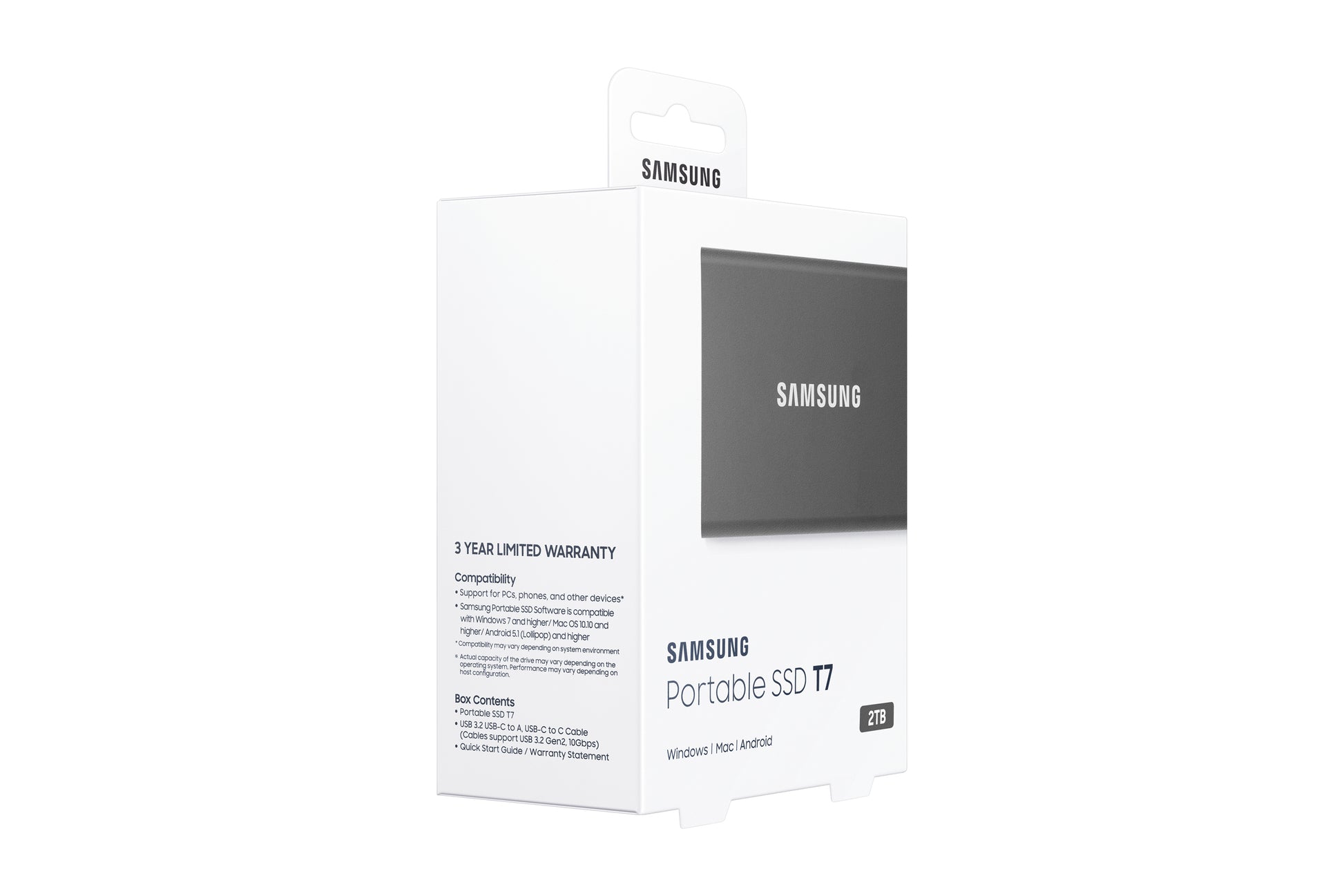 Samsung Portable SSD T7 – 2 TB, USB 3.2 Gen 2 (USB-C), 1'050/1'000 MB/s, AES-256 Hardwareverschlüsselung, Grau