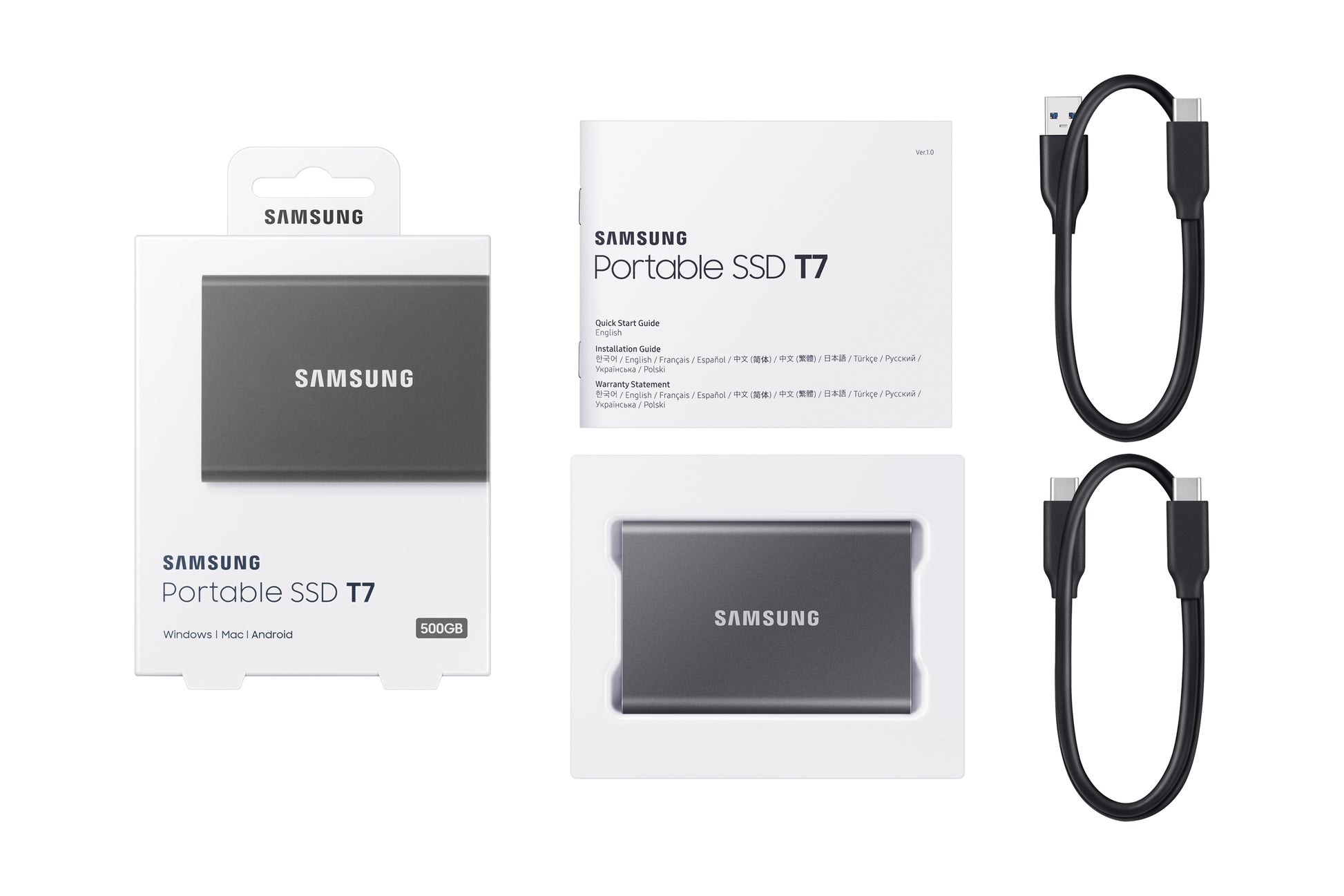 Samsung Tragbares T7 Speichergerät – 500 GB, USB Typ-C, USB 3.2 Gen 2, Hardwareverschlüsselung