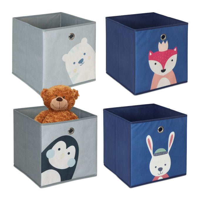 Relaxdays Aufbewahrungsbox ohne Deckel – Stahl/Pappe/Vlies – Grau/Blau – 300 × 300 × 300 mm – 4-teiliges Set