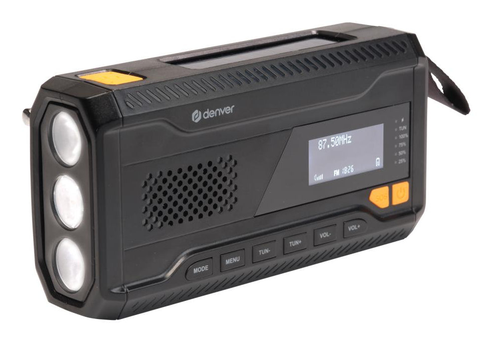 Denver SCD-2033 – Tragbares DAB+ Radio, UKW, Bluetooth 5.3, Powerbank, Akku 2'000 mAh, Solar/Dynamo – Schwarz