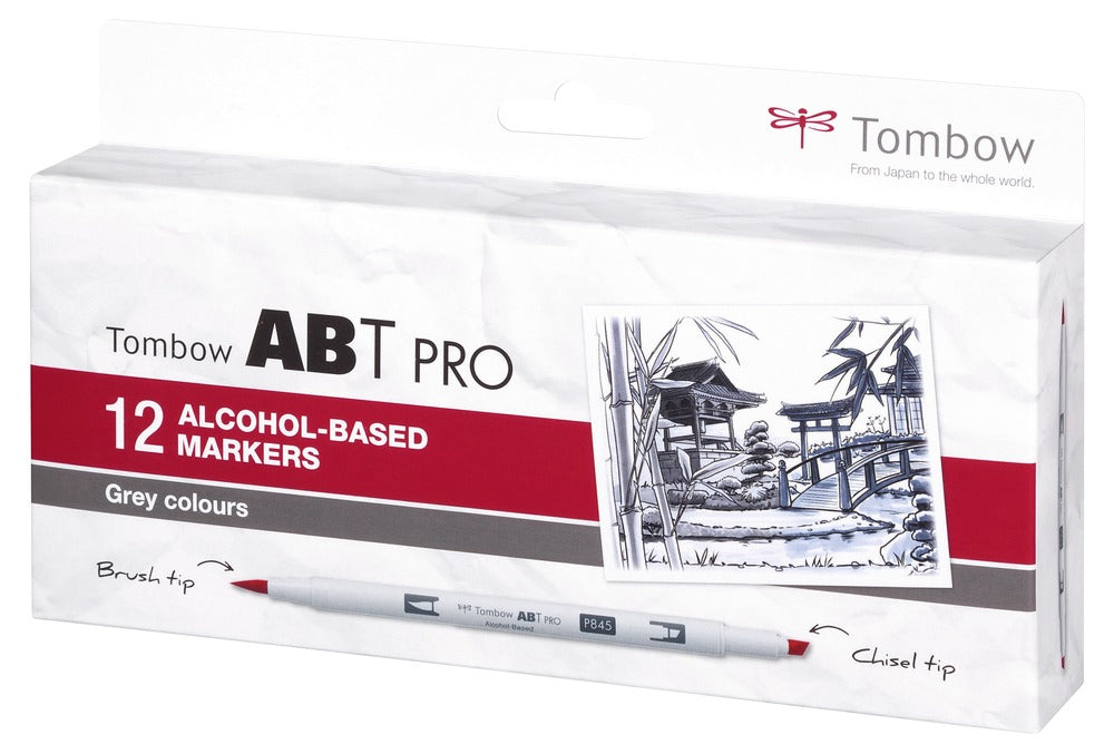Tombow ABT PRO Permanentmarker – Doppeltspitze (Pinsel- und Keilspitze) 0,5–5,5 mm – Grau – 12er-Set