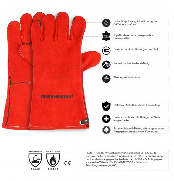 Feuermeister Arbeitshandschuhe – Grösse 10 – Spaltleder, Kevlargarn – Rot