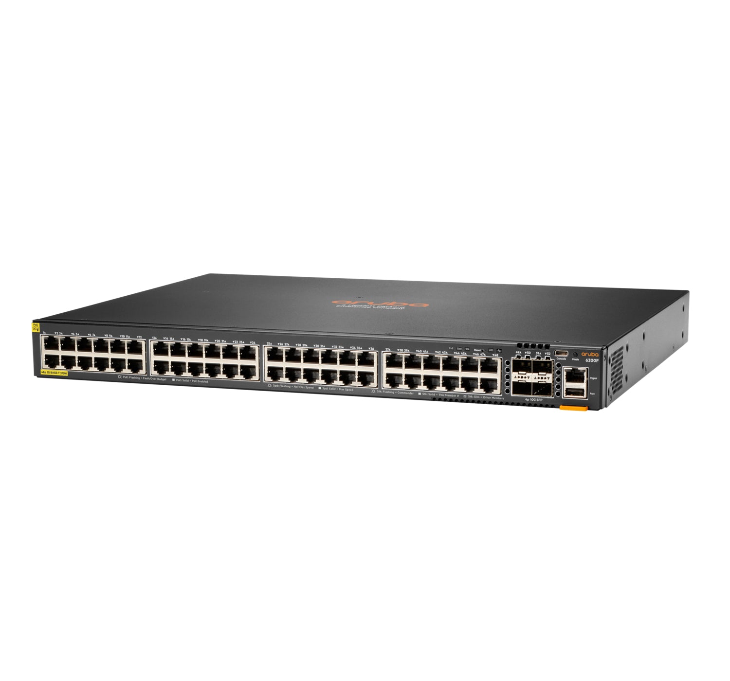 HPE Aruba Networking CX 6200F 48G Klasse-4 – Managed Switch – 48×GbE, 4×SFP+, L3, PoE+ 370 W, 1U