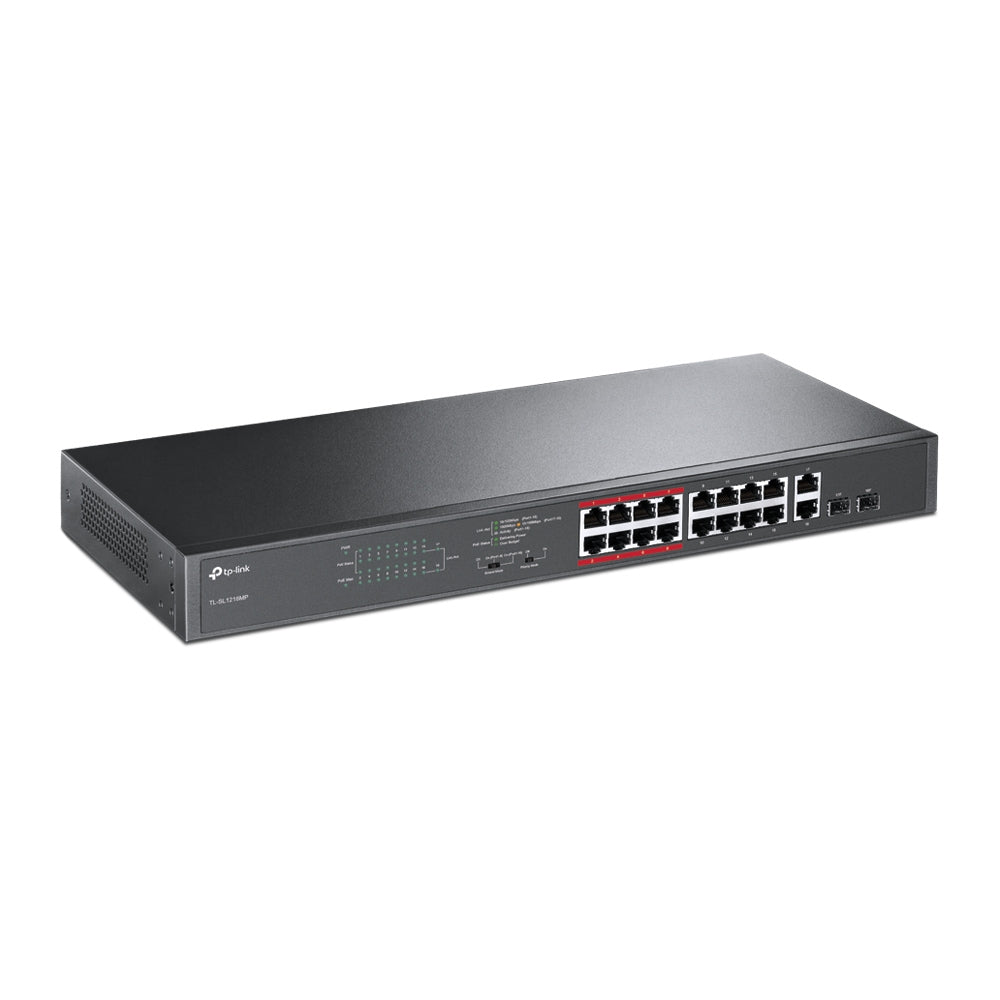 TP-Link TL-SL1218MP – Unmanaged Switch – 16× 10/100, 2× 1G, 2× Combo‑SFP, PoE+, PoE-Budget 192 W, 19", 1U