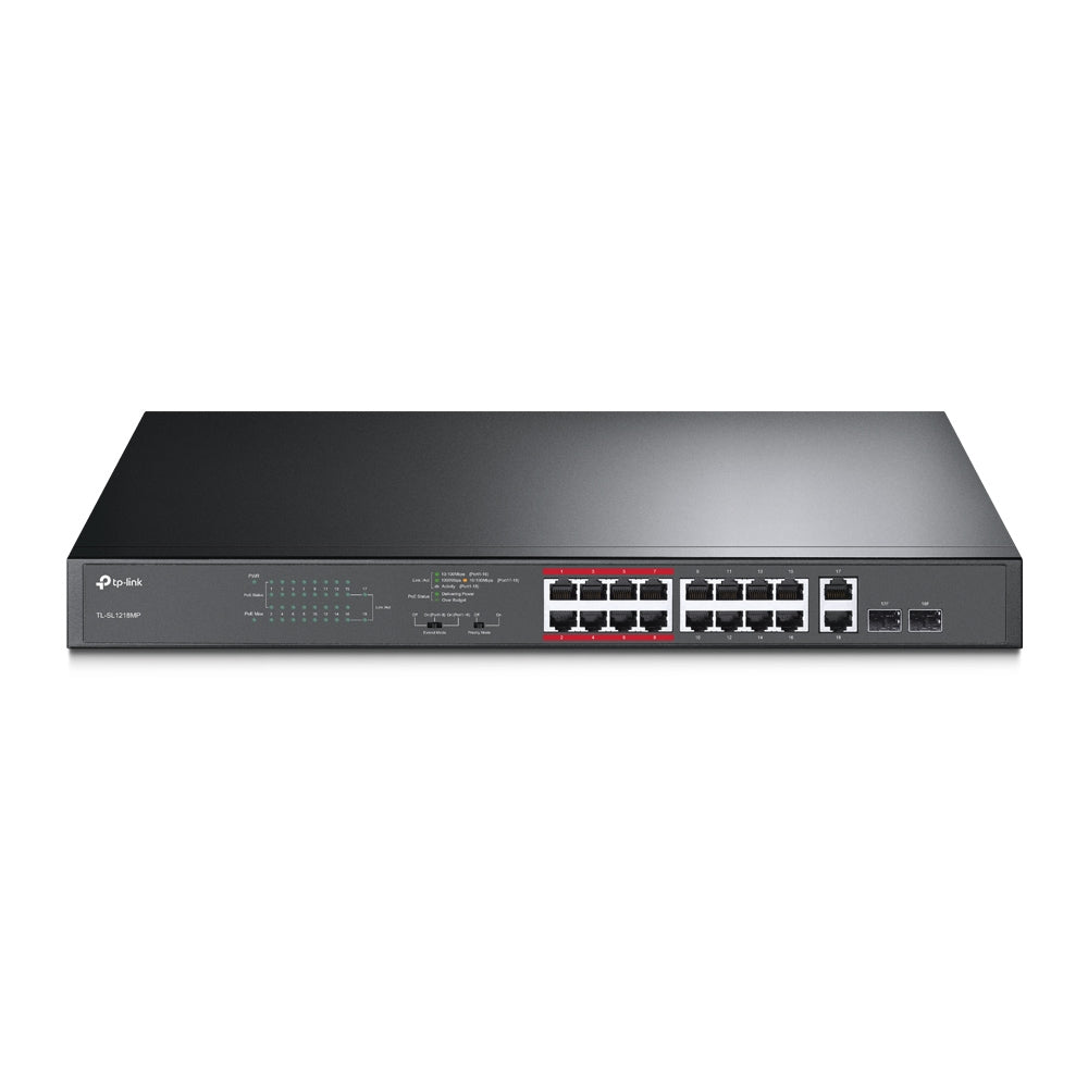 TP-Link TL-SL1218MP – Unmanaged Switch – 16× 10/100, 2× 1G, 2× Combo‑SFP, PoE+, PoE-Budget 192 W, 19", 1U