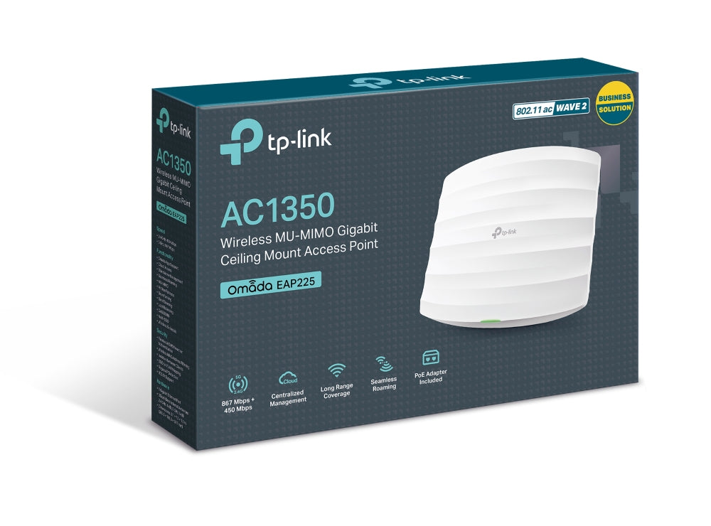 TP-Link EAP225 – Wi-Fi 5 Access Point, Dual-Band (2,4/5 GHz), 1350 Mbit/s, 1× GbE, Passive PoE, Decke/Wand, Weiss