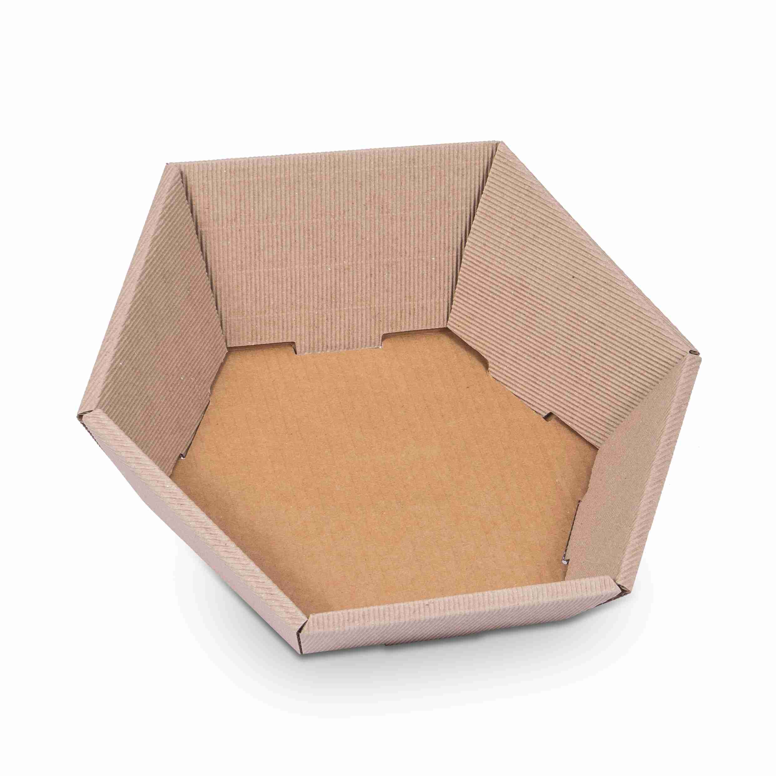 Model Geschenkkorb sechseckig, Wellpappe beige – Innenmass 290 × 270 × 60 mm – 1 Stk., ab 20 Stk.