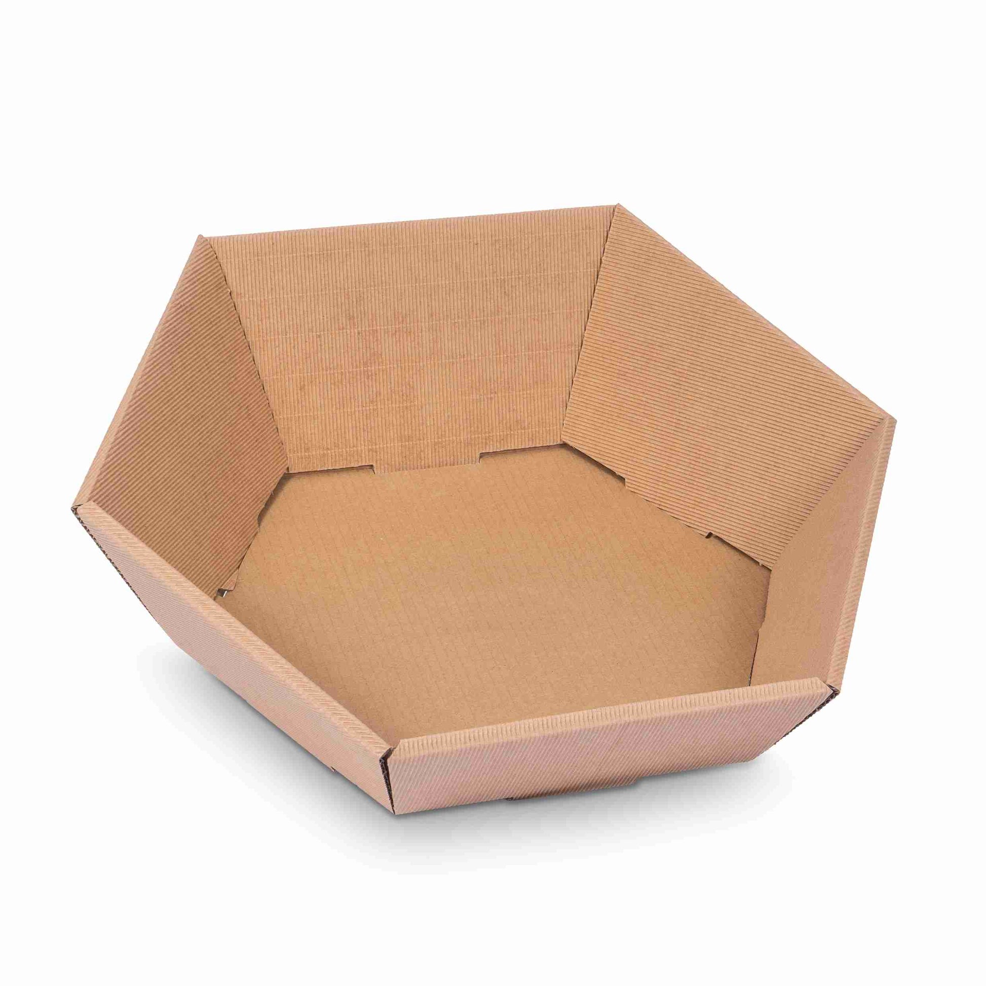 Model Sechseckiger Geschenkkorb Wellpappe beige – Innenmass 465 × 90 × 415 mm – 1 Palette (300 Stk.)