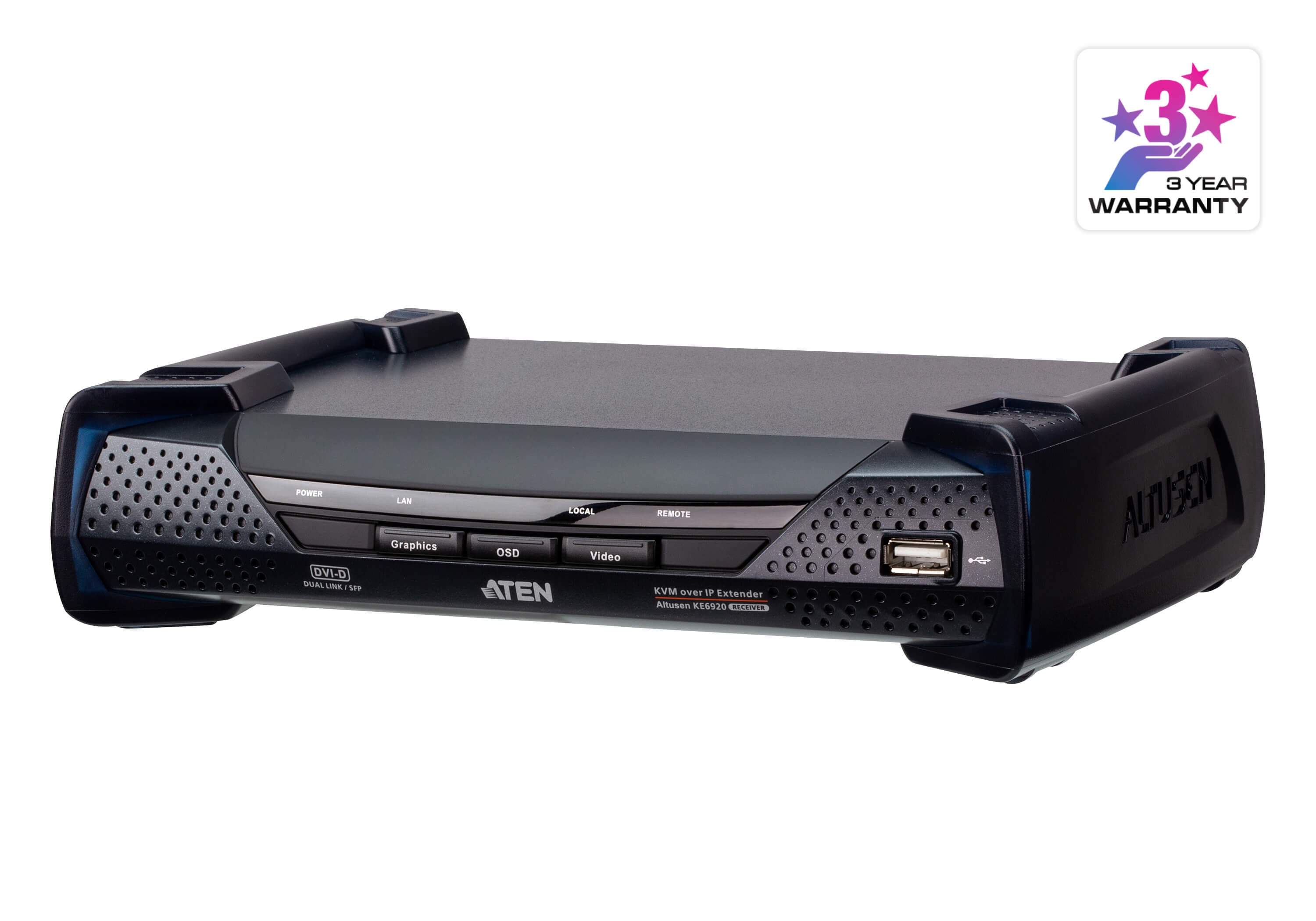 ATEN KE6920R – KVM over IP Empfänger, über IP/Glasfaser (SFP), 1× DVI-D, 4× USB-A, 1× RJ-45, 2× SFP, 2560×2048