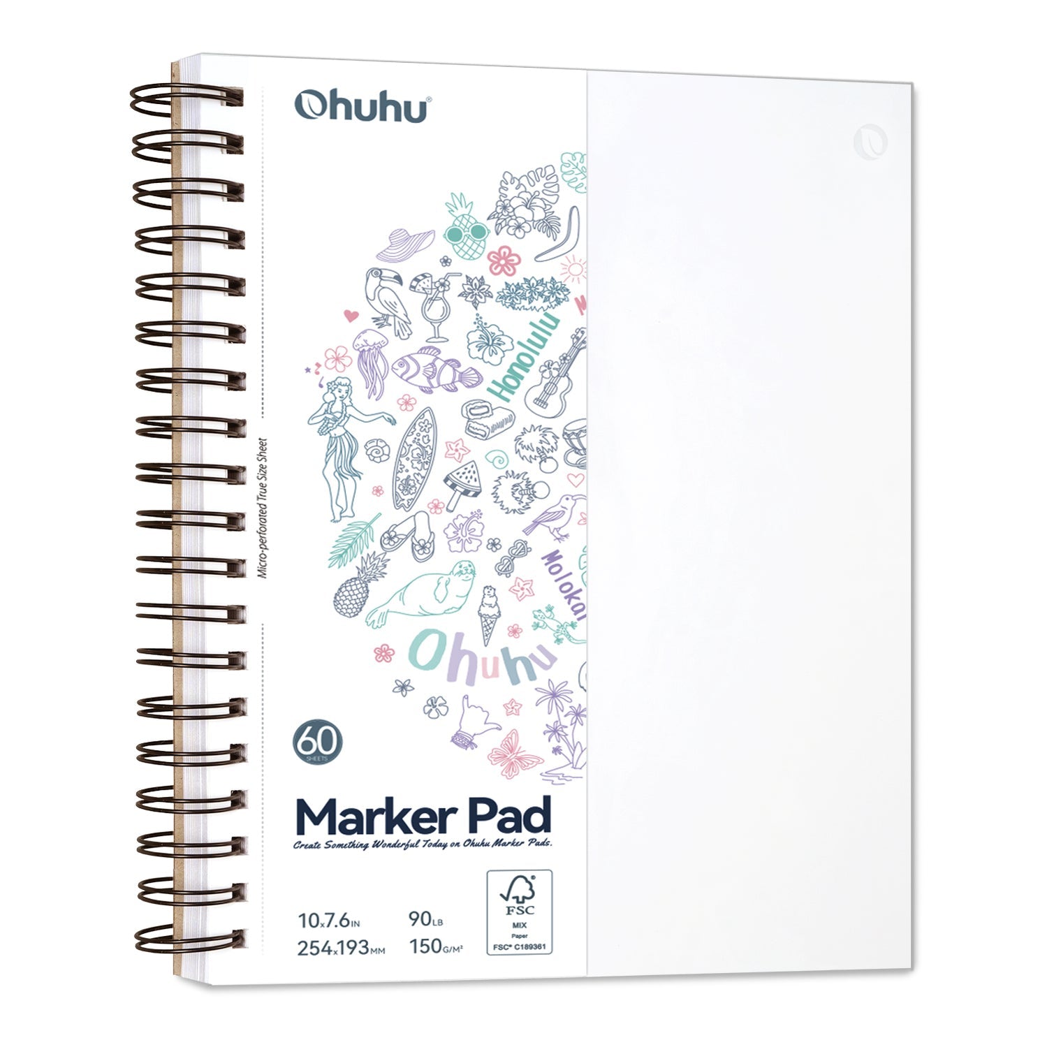 Ohuhu Malbuch – 25,4 × 19,3 cm quer – 150 g/m² – Spiral – 60 Blatt – Weiss