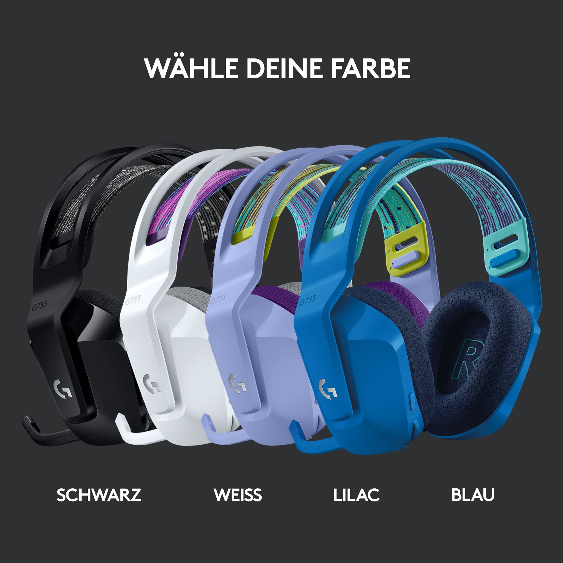 Logitech G G733 Gaming-Headset – Over-Ear, Stereo, Kabellos 2,4 GHz, mit USB-A-Dongle, Schwarz