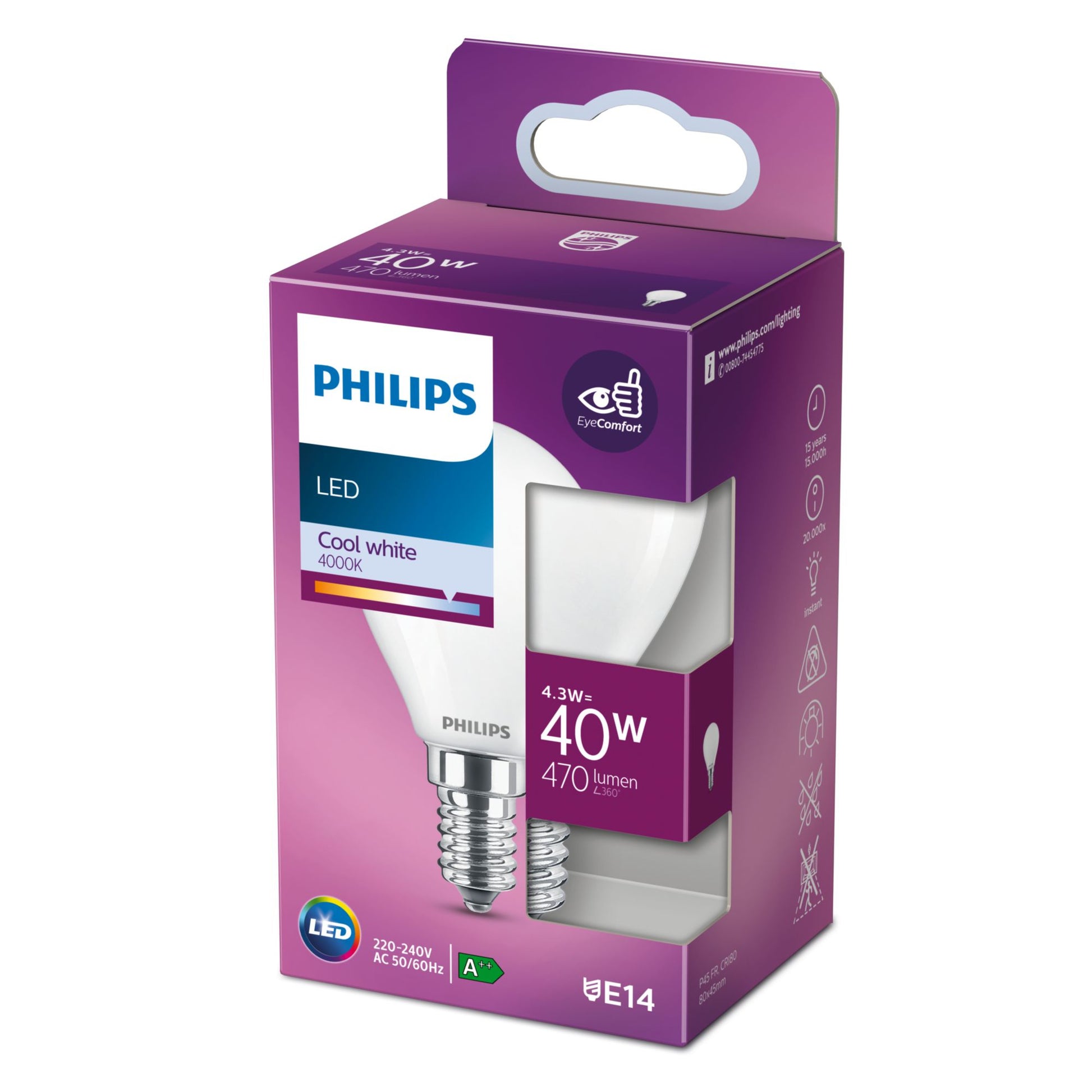 Philips by Signify Philips LED-Leuchtmittel E14 P45 – Neutralweiss 4000 K, 470 lm, 4,3 W – 1 Stk., Weiss, Glas (matt)