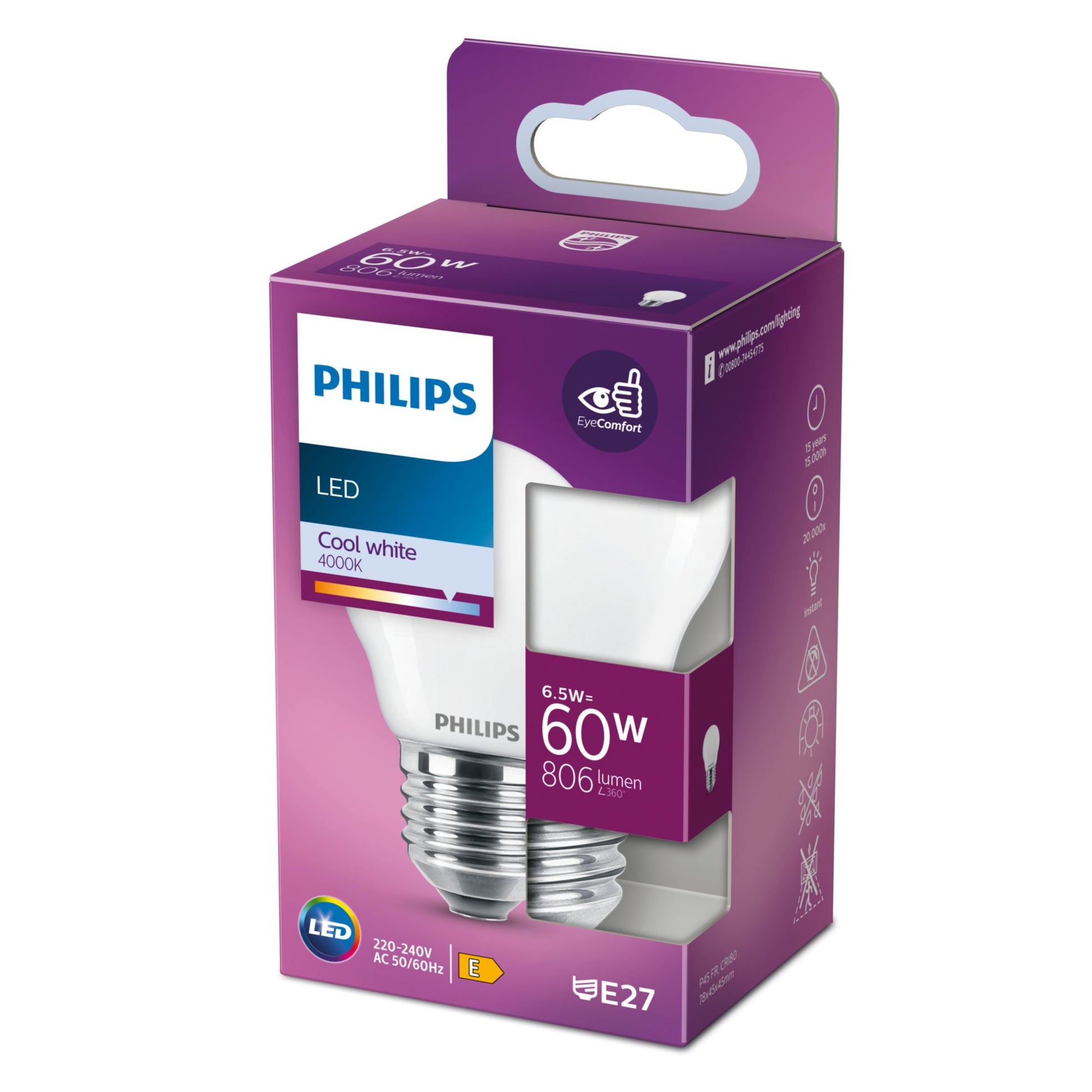 Philips by Signify Philips LED-Leuchtmittel E27 P45 – Neutralweiss 4000 K, 806 lm, 6,5 W – IP20 – 1 Stk. – Weiss, Glas