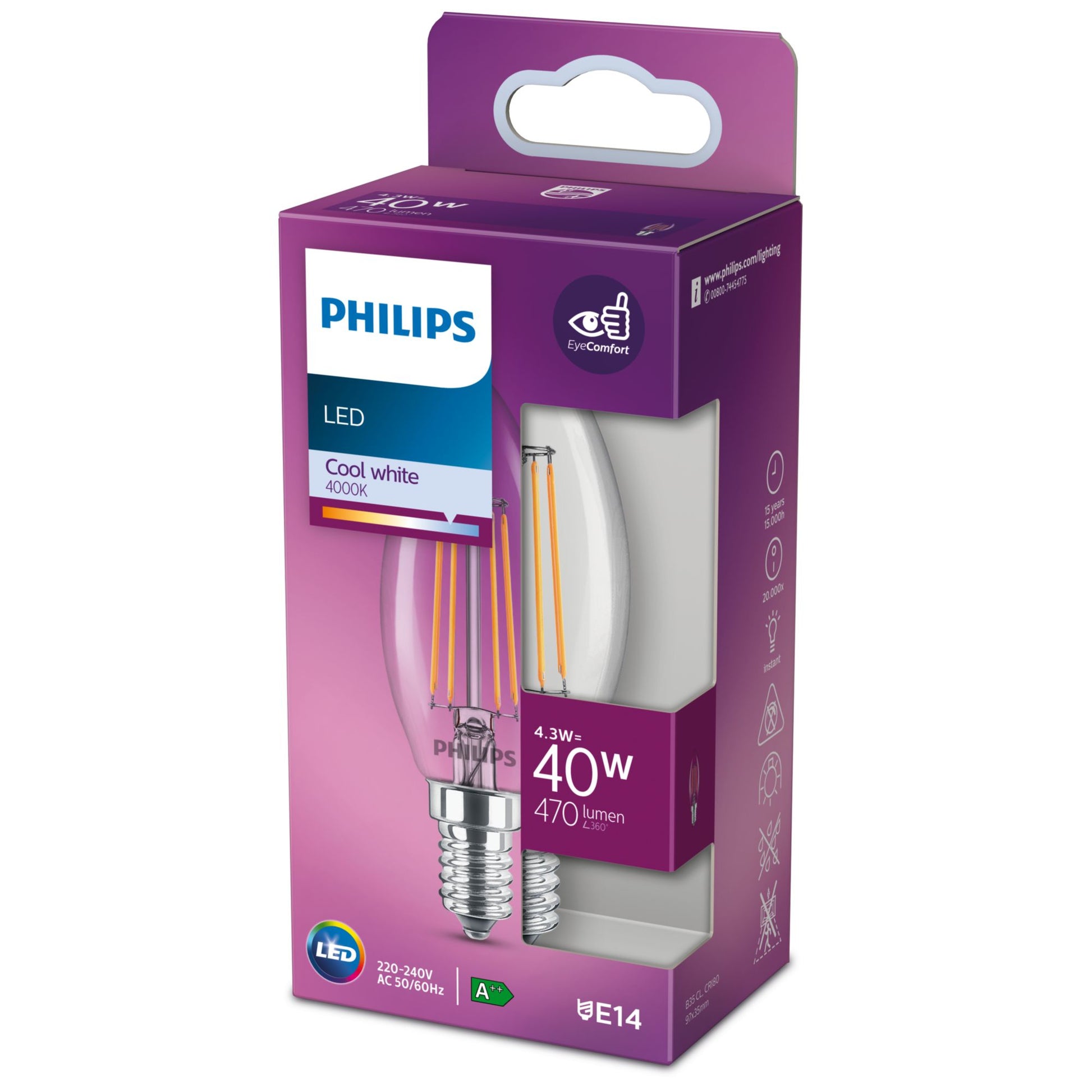 Philips by Signify Philips LED-Leuchtmittel E14 B35 – Neutralweiss 4000 K, 470 lm, 4,3 W – IP20 – 1 Stk. – Transparent, Glas