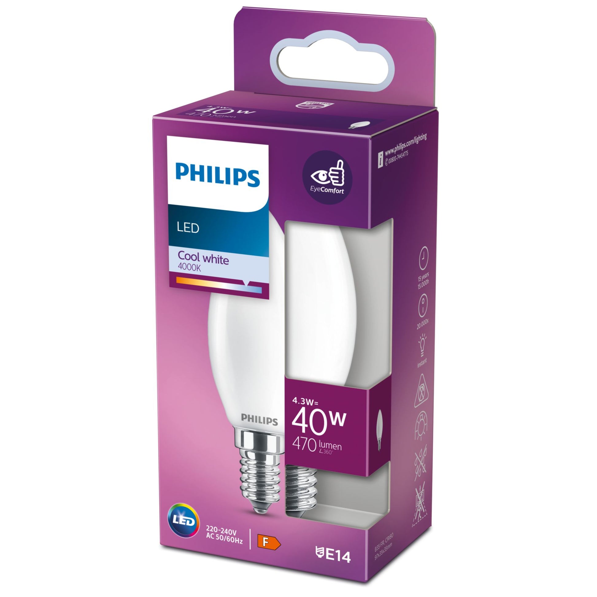 Philips by Signify Philips LED-Leuchtmittel E14 B35 – Neutralweiss 4000 K, 470 lm, 4,3 W – IP20 – 1 Stk. – Glas