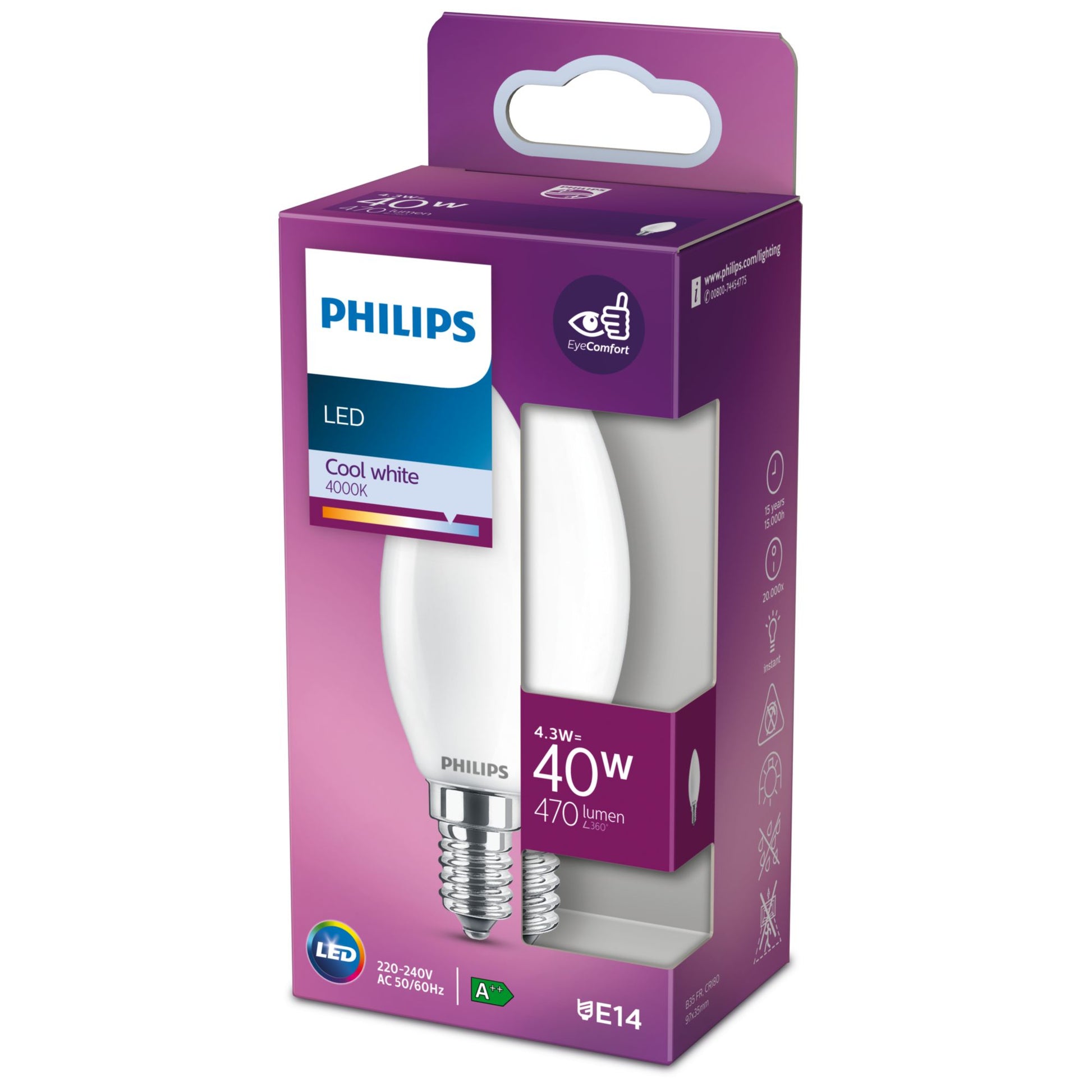 Philips by Signify Philips LED-Leuchtmittel E14 B35 – Neutralweiss 4000 K, 470 lm, 4,3 W – IP20 – 1 Stk. – Glas