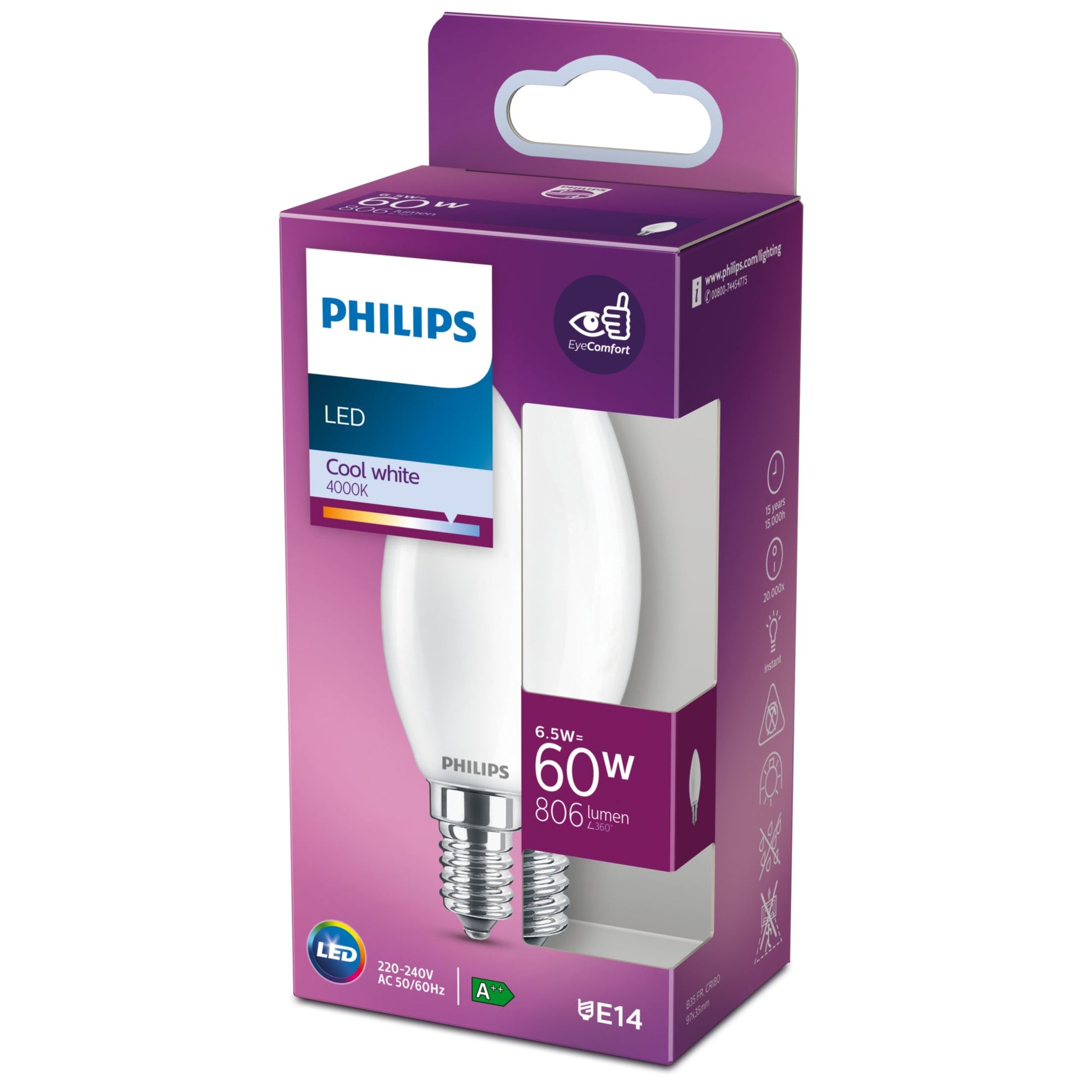 Philips by Signify Philips LED-Leuchtmittel E14 B35 – Neutralweiss 4000 K, 806 lm, 6,5 W – Matt, Weiss – 1 Stk.