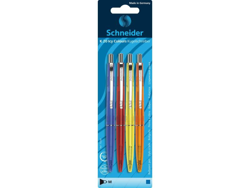 Schneider Schreibgeräte Schneider K 20 Icy Multifunktions-Kugelschreiber – 4er Pack, 4 Farben (Blau, Orange, Rot), nachfüllbar