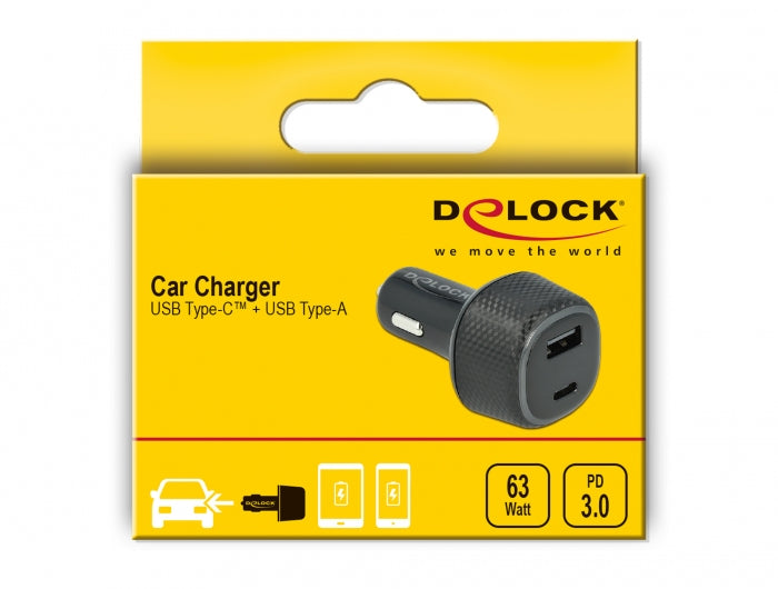 DeLOCK Kfz-Ladegerät, 63 W, USB-C, USB-A, PD 3.0 – universal – Schwarz