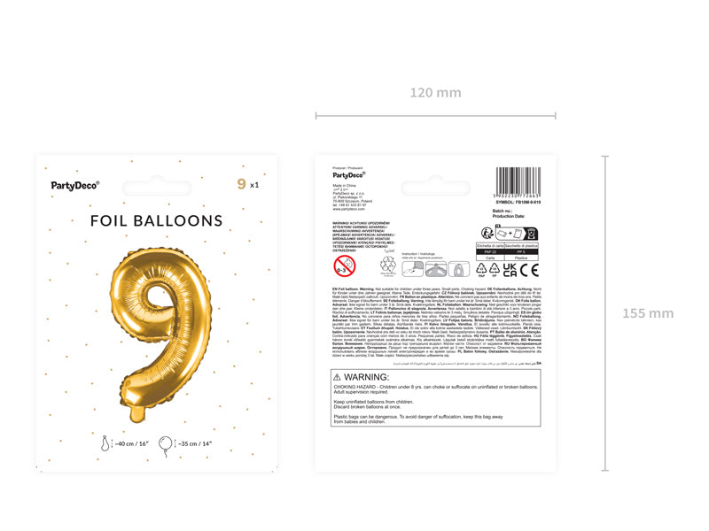 PartyDeco Folienballon Zahl 9 – Gold – 35 cm – Folie – 1 Stk
