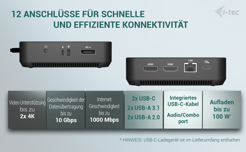 i-tec Dockingstation – USB-C, 1× DP, 2× HDMI, 5× USB-A, 100 W PD, GbE, für Windows/Mac/ChromeOS