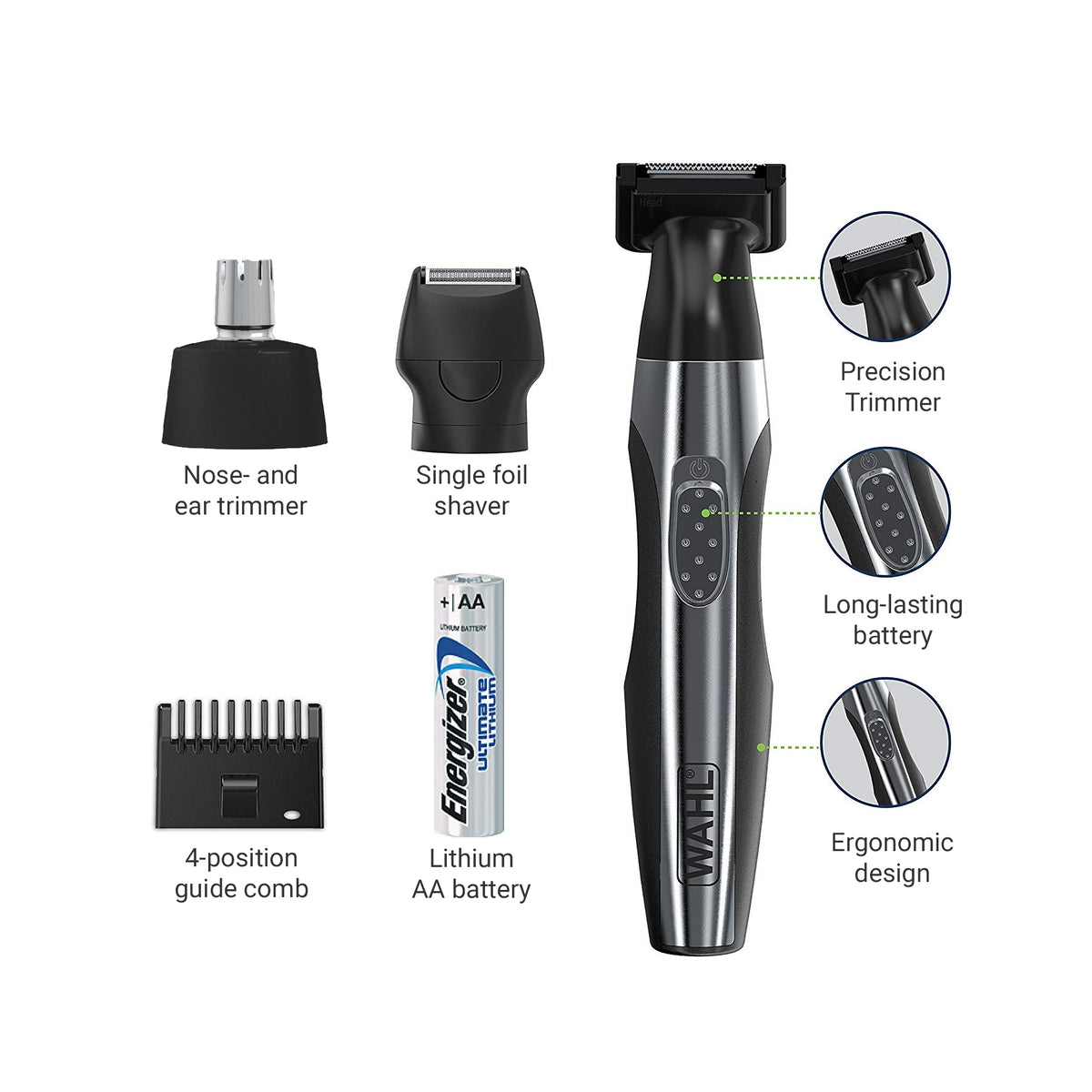 Wahl Bart- & Haarschneider Reiseset – 12 Stk – Schwarz/Silber – Batteriebetrieb
