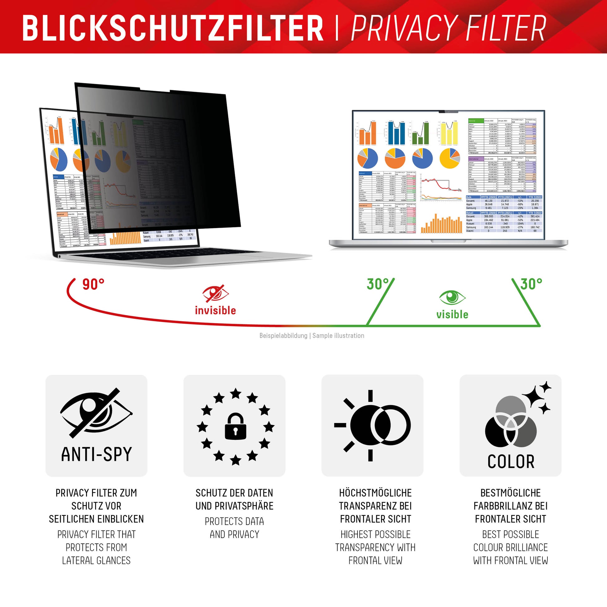 Displex Blickschutzfilter für Laptop 15,6", 16:9 – 351 × 204 mm, 2-Wege