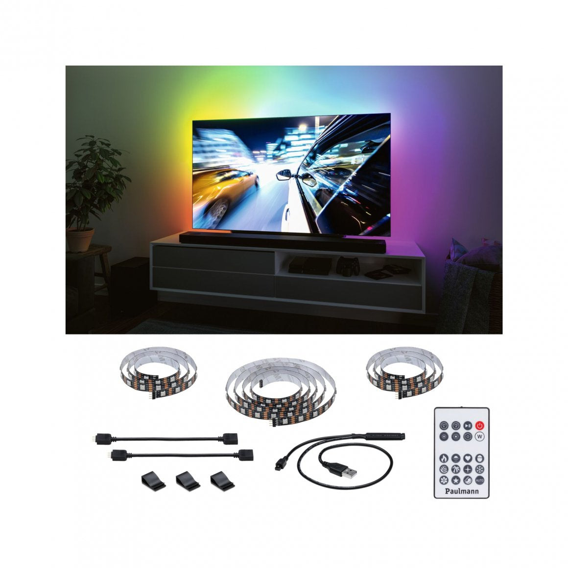 Paulmann LED-Strip – 2,4 m, 4 W, RGB, dimmbar, schwarz, USB, Fernbedienung, für 65"