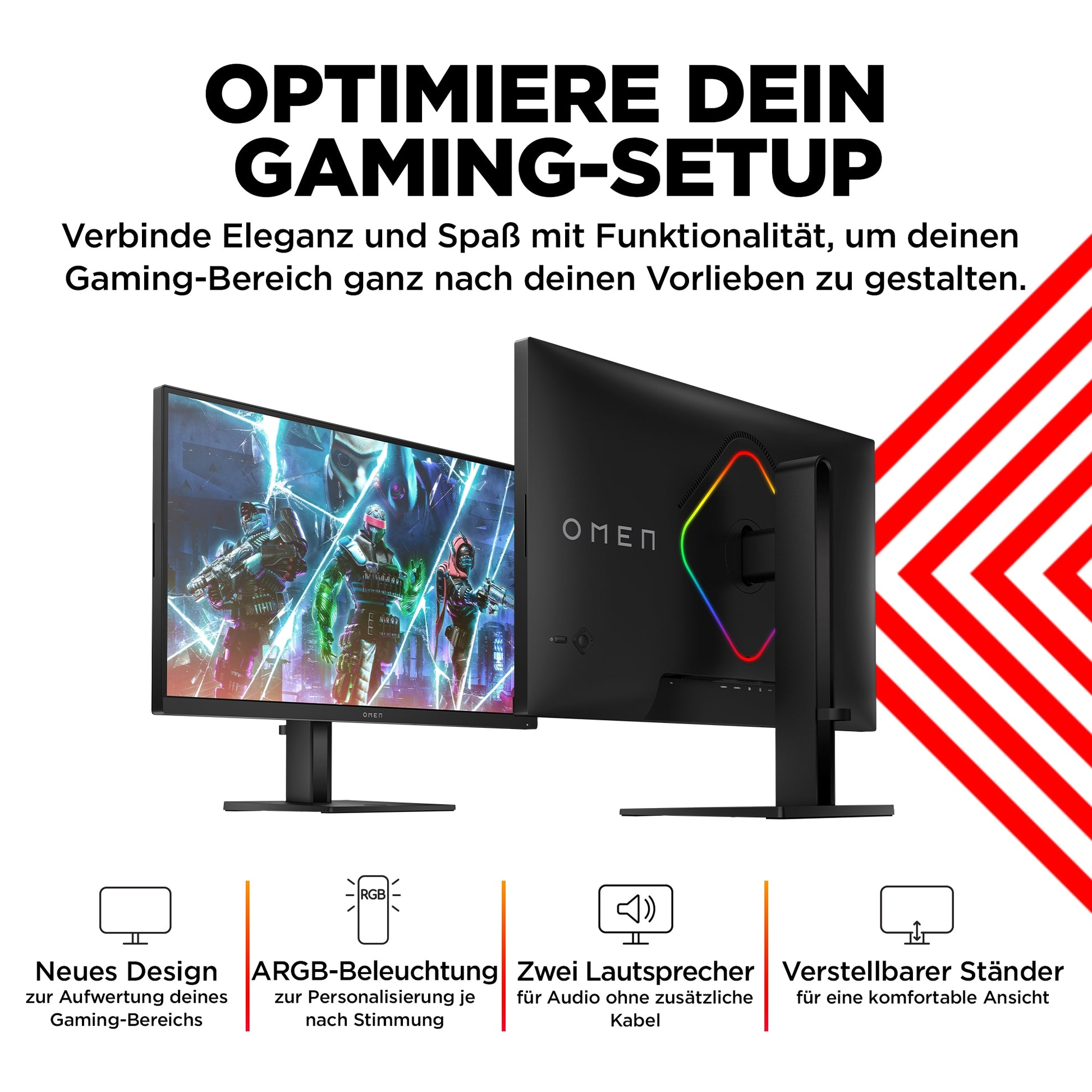 HP OMEN 27qs – Monitor, 27", 2560 × 1440 (WQHD), IPS, 240 Hz, 400 cd/m², Lautsprecher, Schwarz