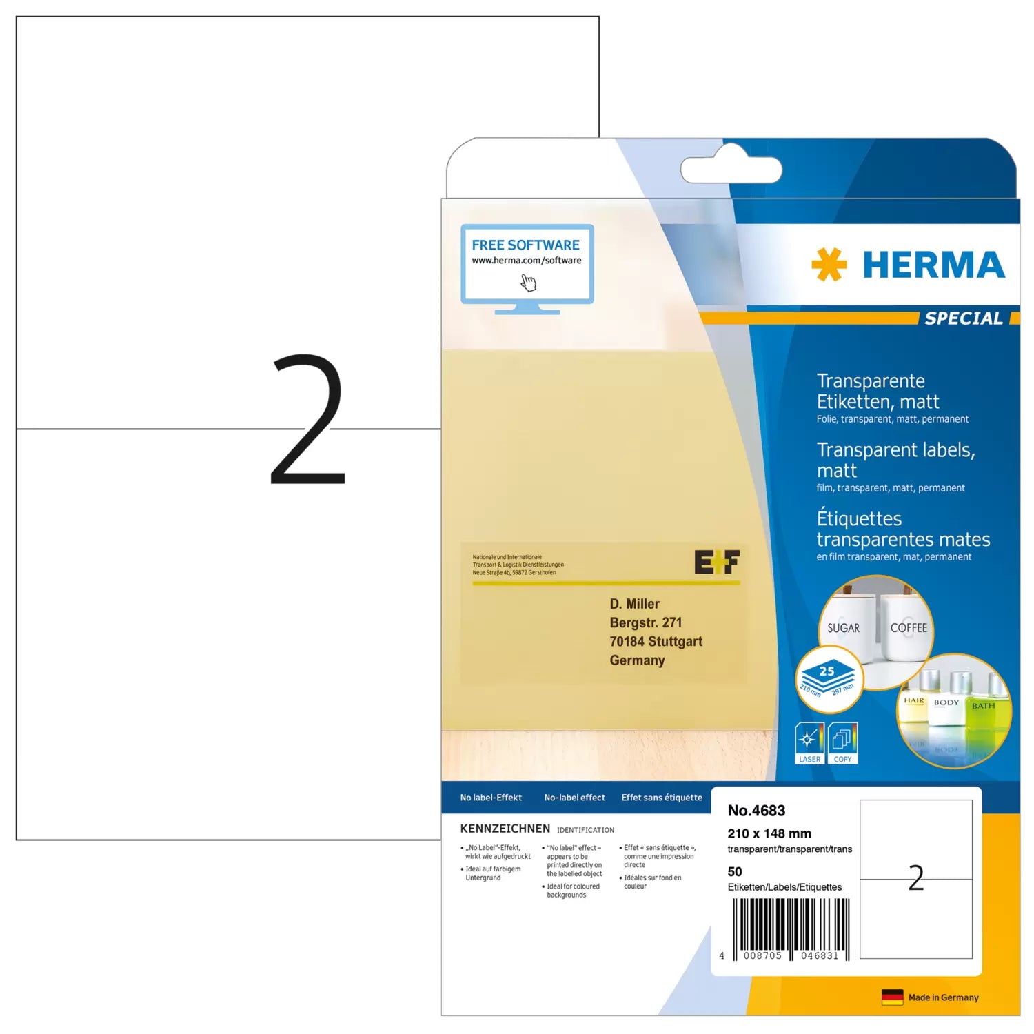HERMA Drucketiketten, 210 mm × 148 mm, transparent, Folie, permanent, 50 Stück