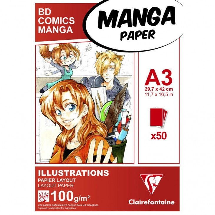 Clairefontaine Skizzenblock Manga Illustrationen – A3 – 100 g/m² – 50 Blatt – für Tinte & Tusche – Kunstpapier