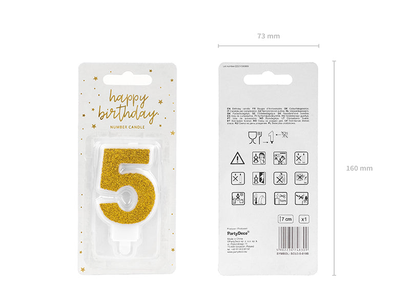 PartyDeco Geburtstagskerzen Zahl 5 – Gold – 7 cm – 1 Stk