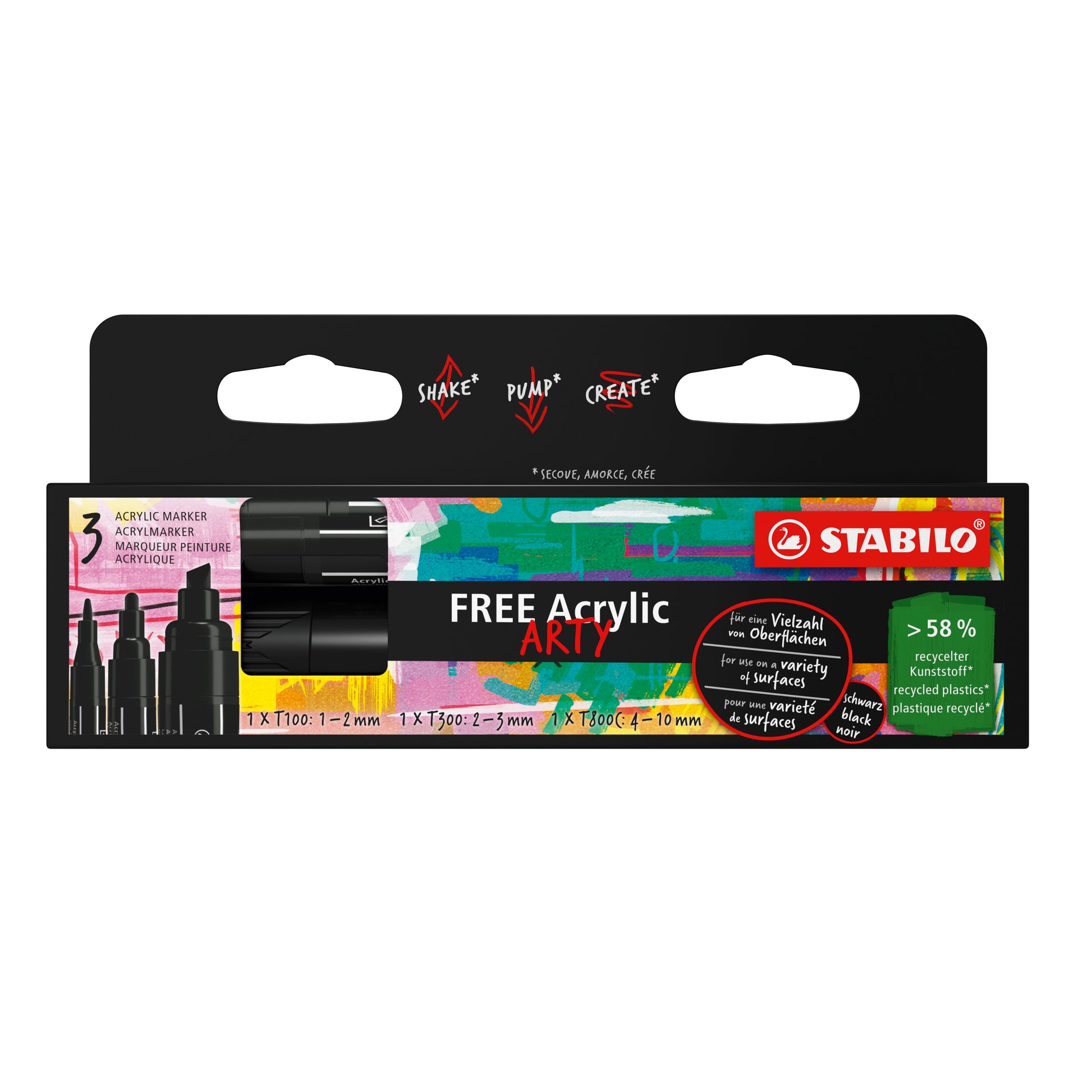 STABILO FREE Acrylmarker – Spitze 3 mm – Schwarz – 3er-Set – für Glas