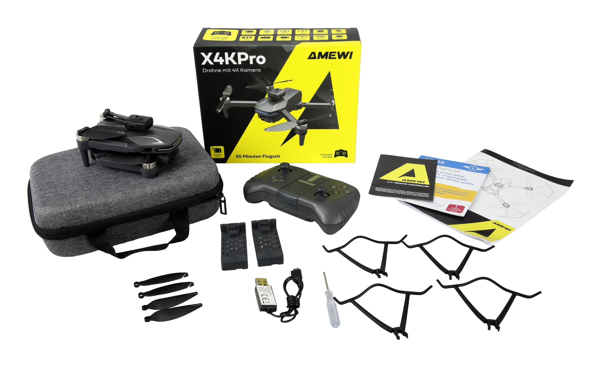 Amewi AMXFlight X4KPro Quadrocopter – 4K, 30 min Flugzeit, 1500 mAh LiPo, inkl. 2 Akkus, grau