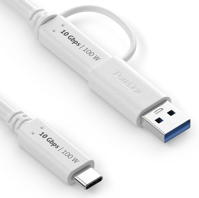 PureLink USB-C auf USB-A Kabel – USB 3.2 Gen 2 (10 Gbit/s) – 1 m – PD 100 W – 4K/60 – Goldstecker – Weiss