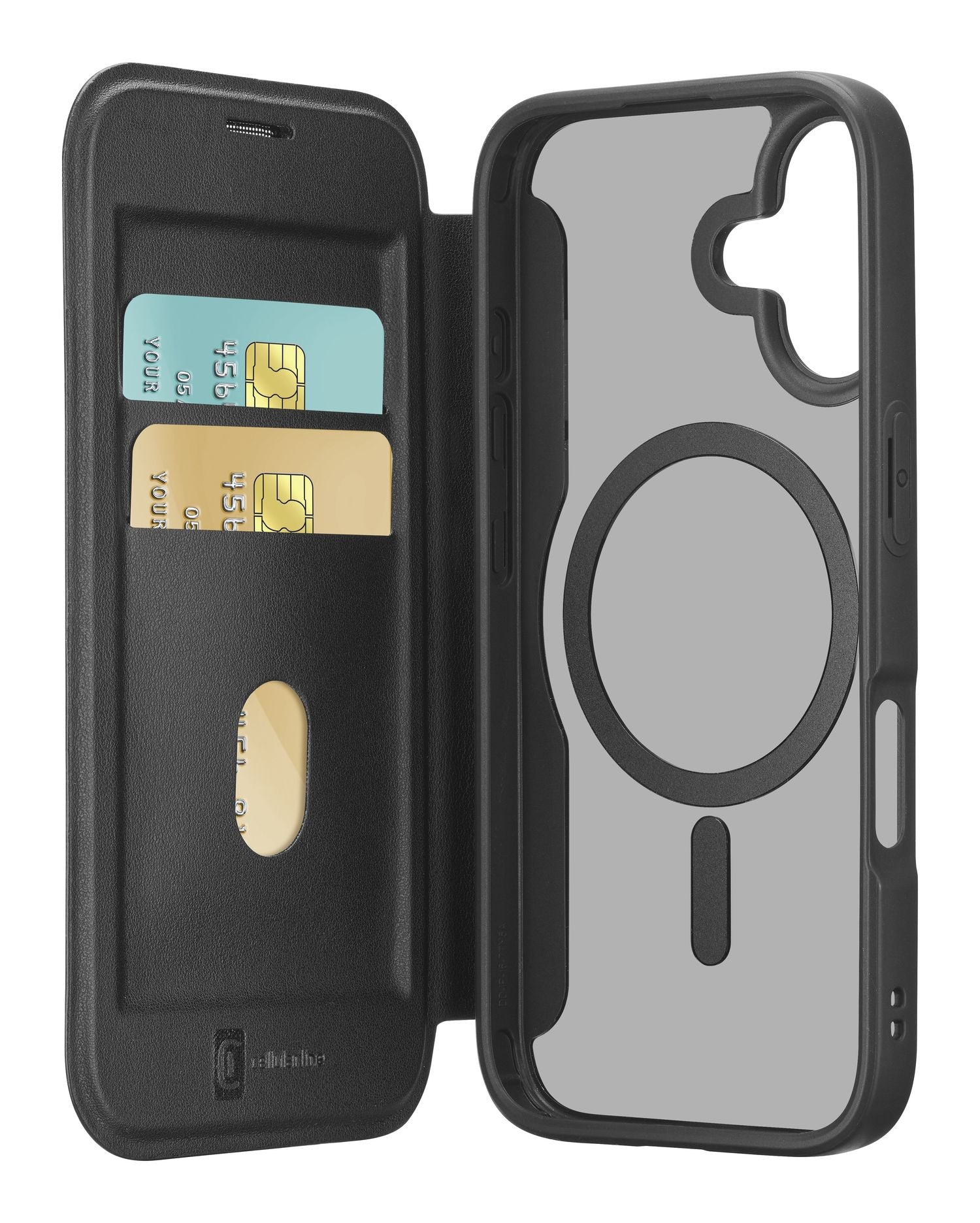 Cellularline Booklet-Hülle – für Apple iPhone 17 – schwarz – Kunstleder – MagSafe-kompatibel, mit Kartenfach