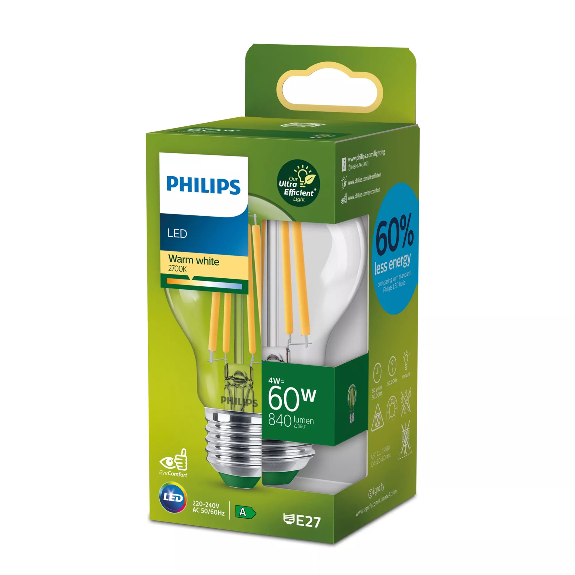 Philips by Signify Philips LED-Leuchtmittel E27 A-Form – 840 lm, 4 W, Warmweiss 2700 K – Transparent, 1 Stk.