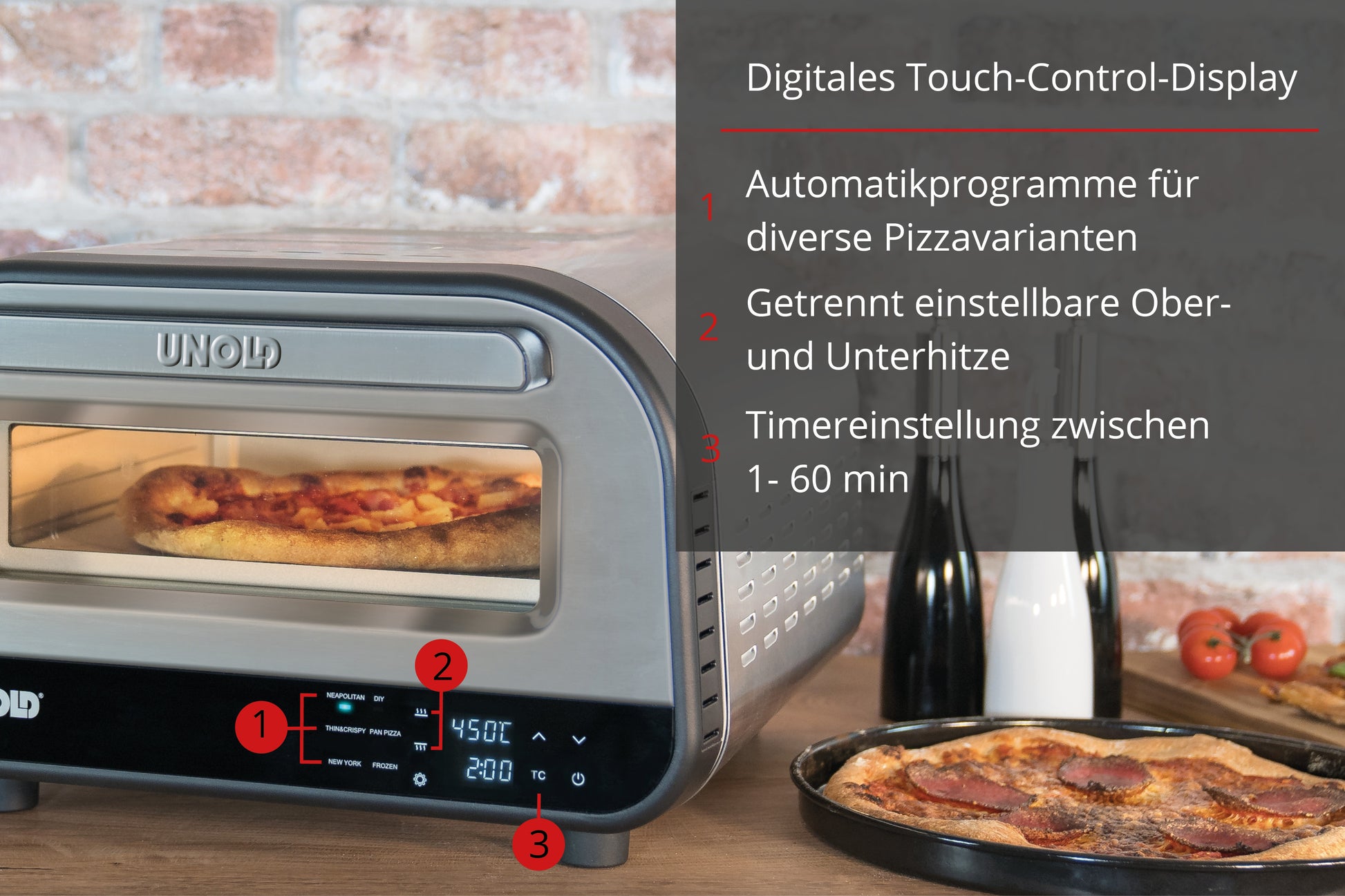 Unold Pizzaofen Luigi 68816 – 1 Pizza, Ø 30 cm, 1700 W – silber/edelstahl