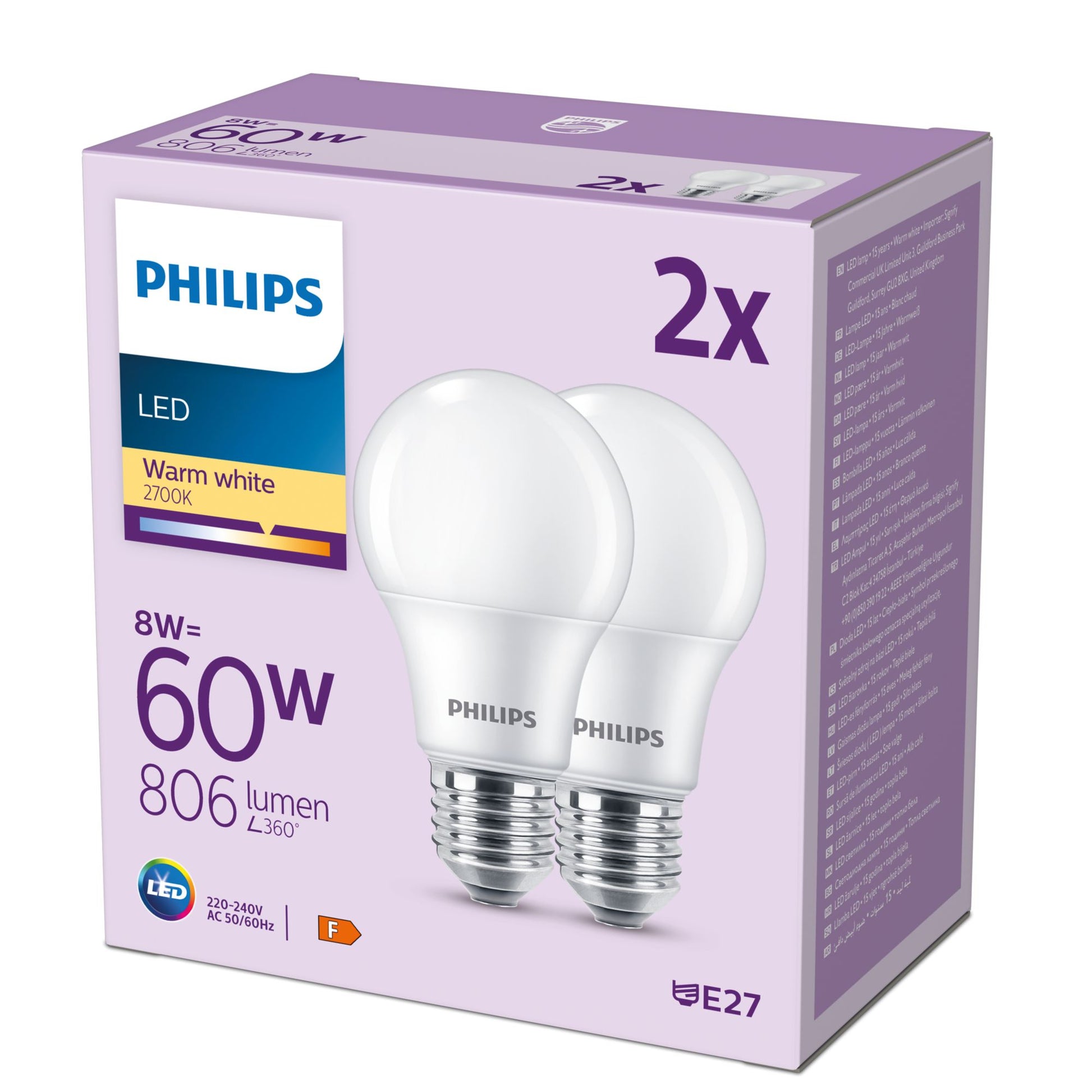 Philips by Signify Philips LED-Leuchtmittel E27 A-Form – Warmweiss 2700 K, 806 lm, 8 W – 2 Stk., Weiss